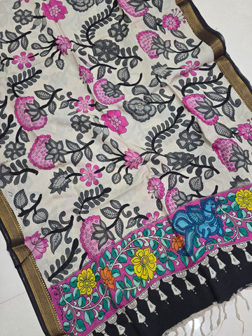 BLACK - SRIKALAHASTI HANDPAINTED KALAMKARI PURE CHENNURI SILK DUPATTA 04