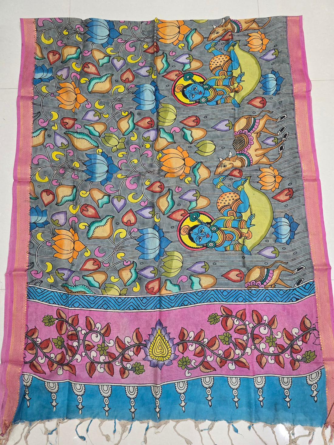 PINK - SRIKALAHASTI HANDPAINTED KALAMKARI PURE CHENNURI SILK DUPATTA 03
