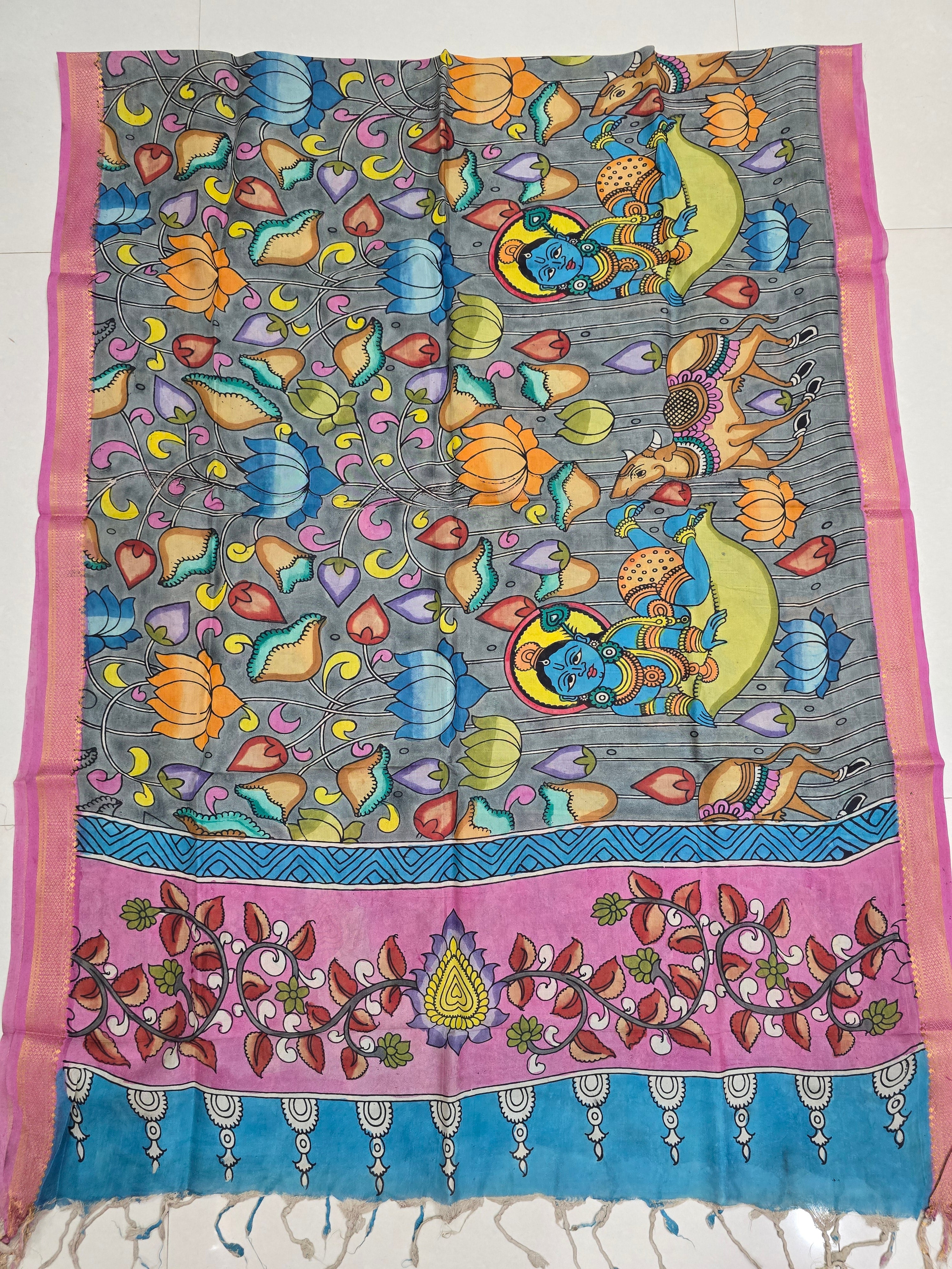 PINK - SRIKALAHASTI HANDPAINTED KALAMKARI PURE CHENNURI SILK DUPATTA 03