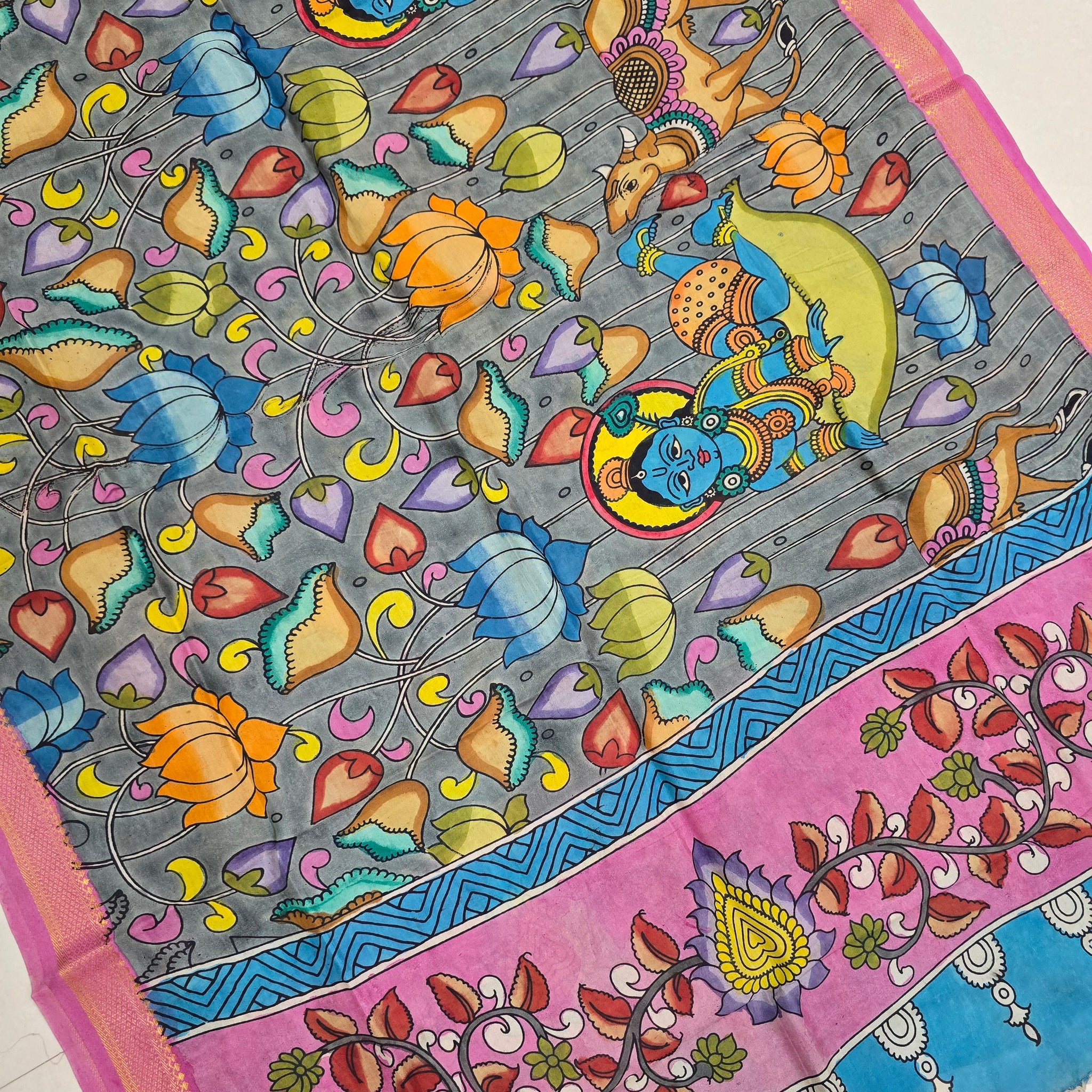 PINK - SRIKALAHASTI HANDPAINTED KALAMKARI PURE CHENNURI SILK DUPATTA 03