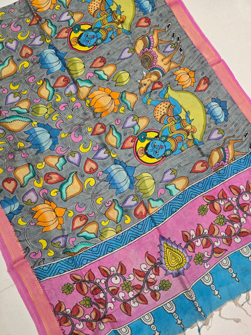 PINK - SRIKALAHASTI HANDPAINTED KALAMKARI PURE CHENNURI SILK DUPATTA 03