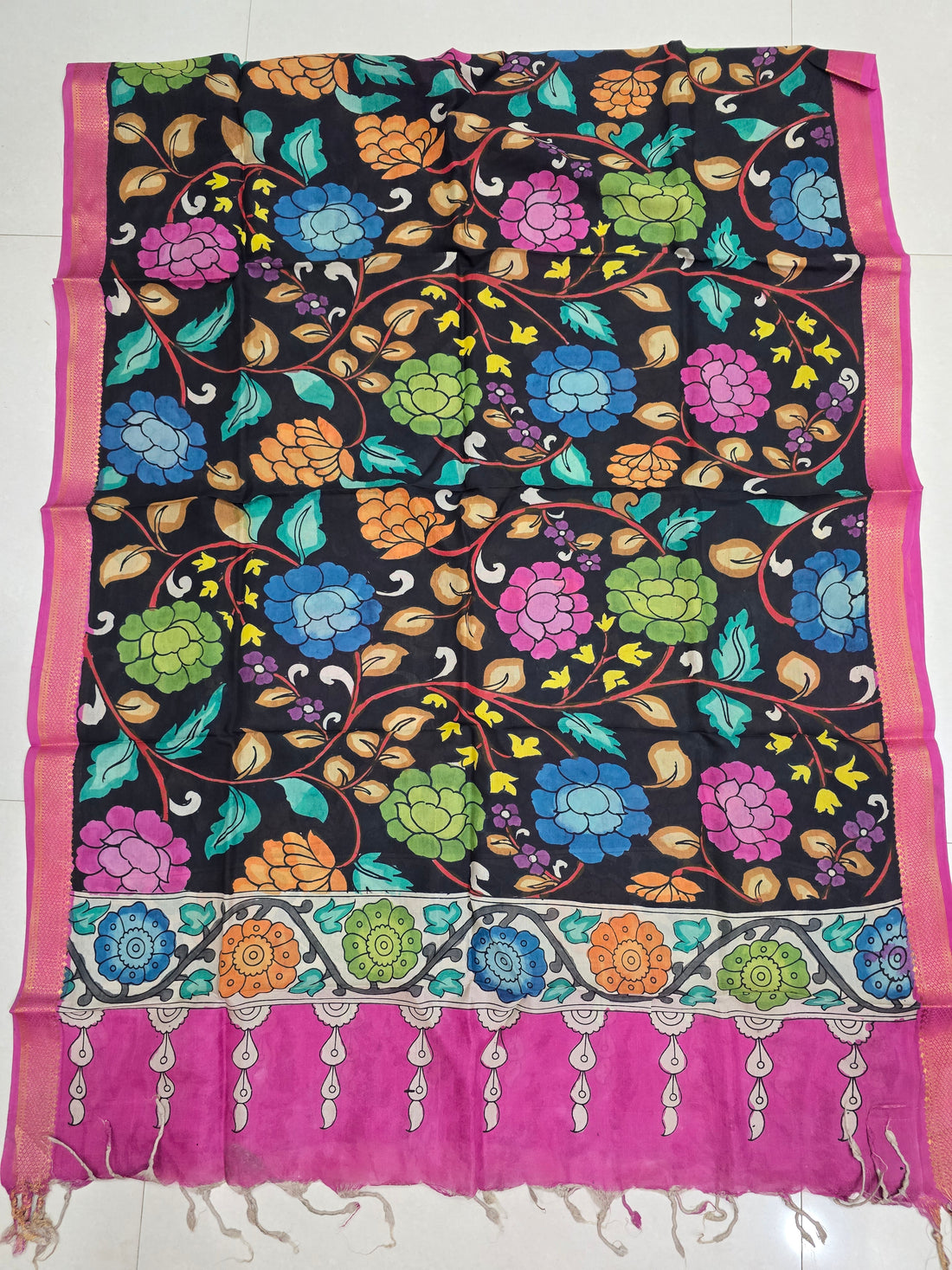 PINK - SRIKALAHASTI HANDPAINTED KALAMKARI PURE CHENNURI SILK DUPATTA 06