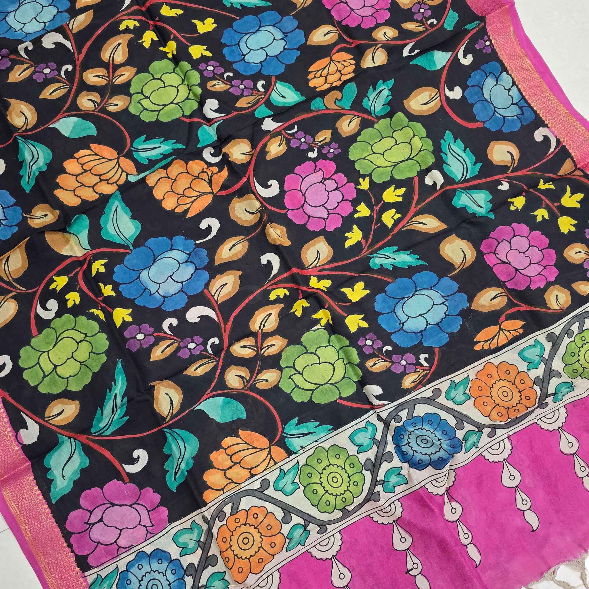 PINK - SRIKALAHASTI HANDPAINTED KALAMKARI PURE CHENNURI SILK DUPATTA 06