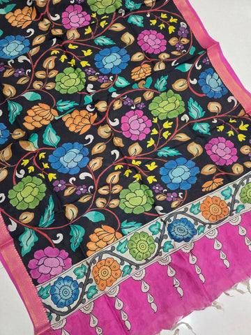 PINK - SRIKALAHASTI HANDPAINTED KALAMKARI PURE CHENNURI SILK DUPATTA 06