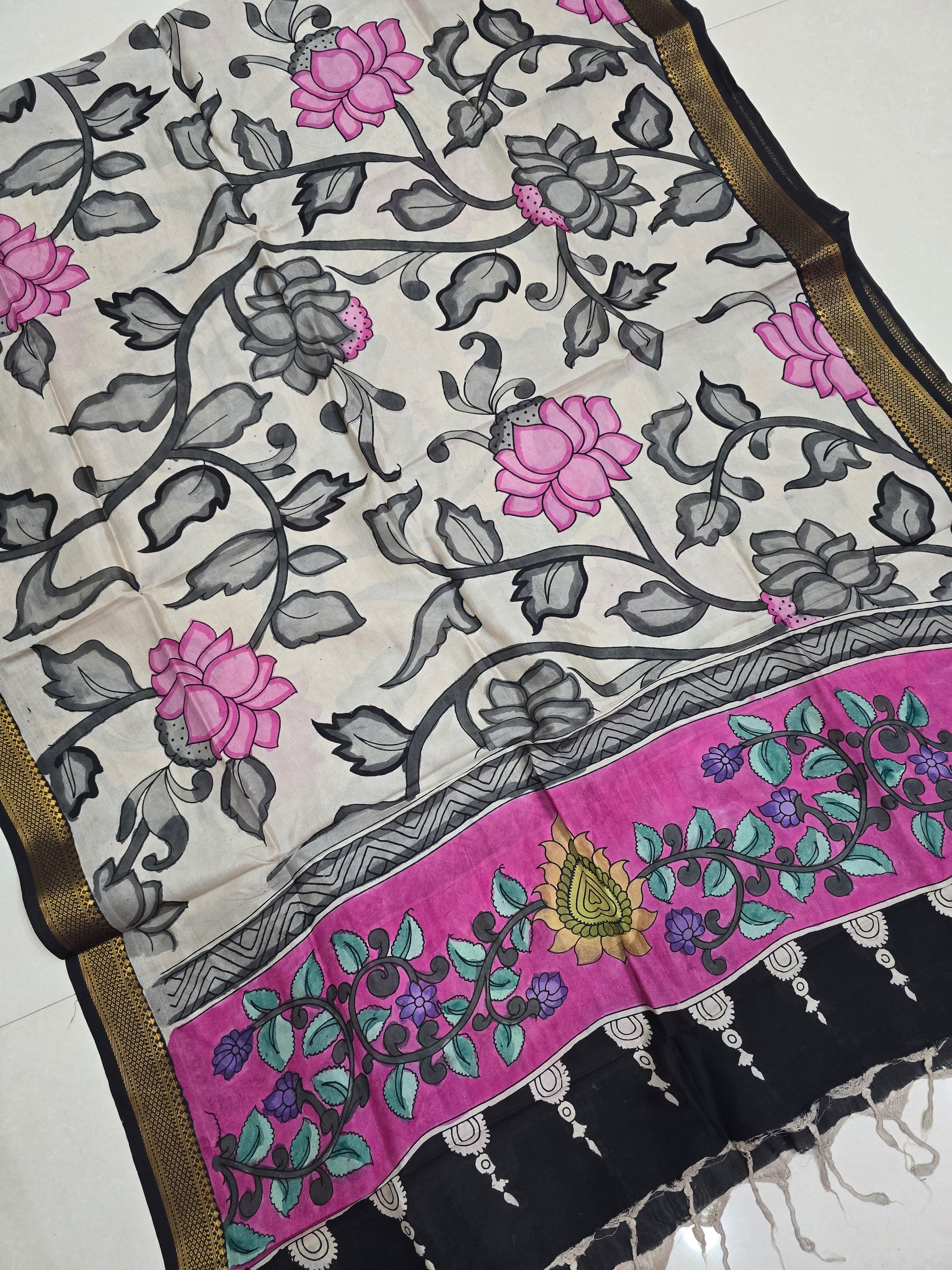 BLACK - SRIKALAHASTI HANDPAINTED KALAMKARI PURE CHENNURI SILK DUPATTA 05