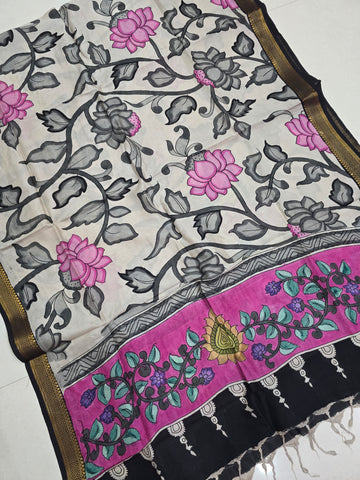BLACK - SRIKALAHASTI HANDPAINTED KALAMKARI PURE CHENNURI SILK DUPATTA 05