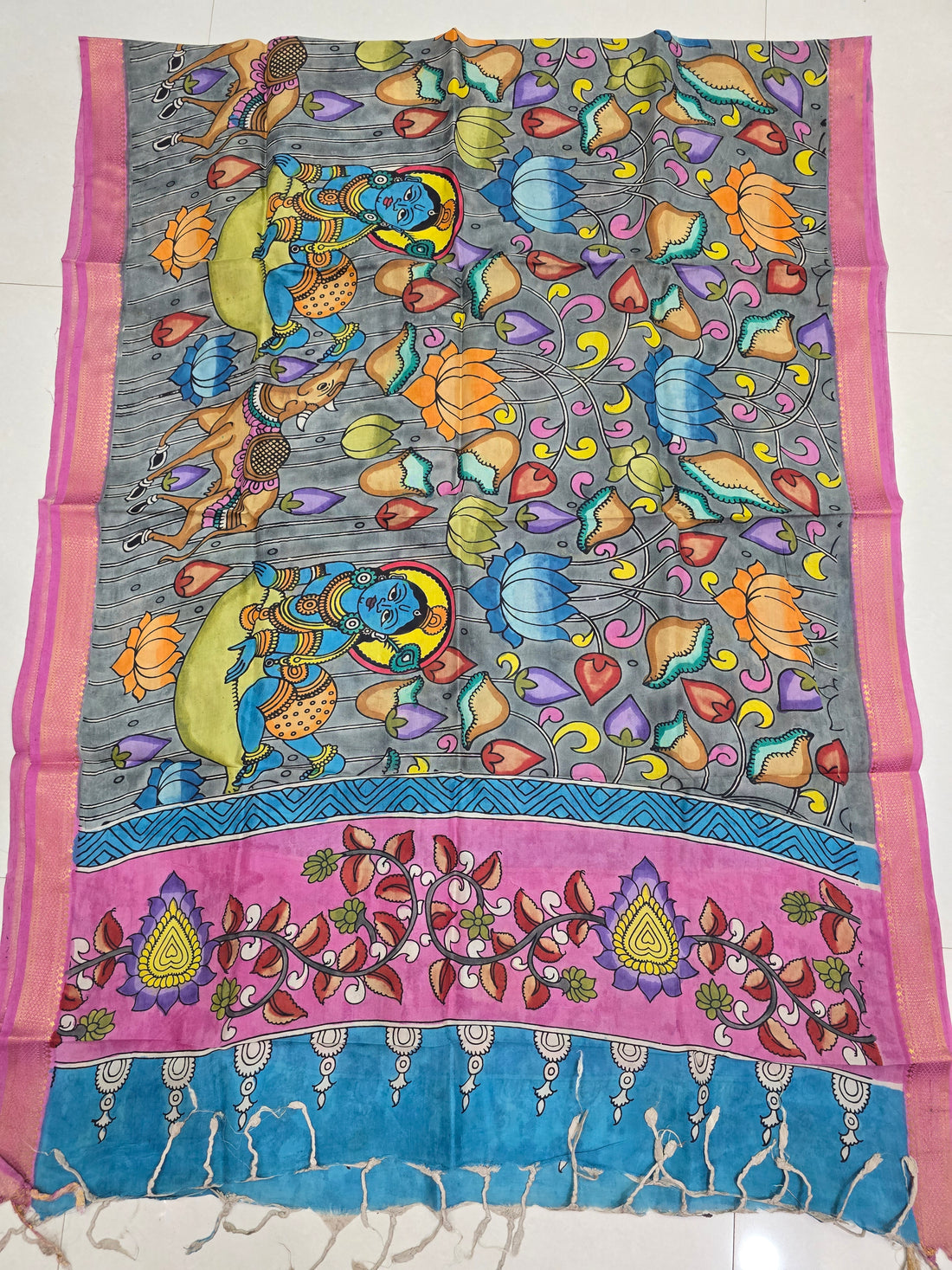 PINK - SRIKALAHASTI HANDPAINTED KALAMKARI PURE CHENNURI SILK DUPATTA 07