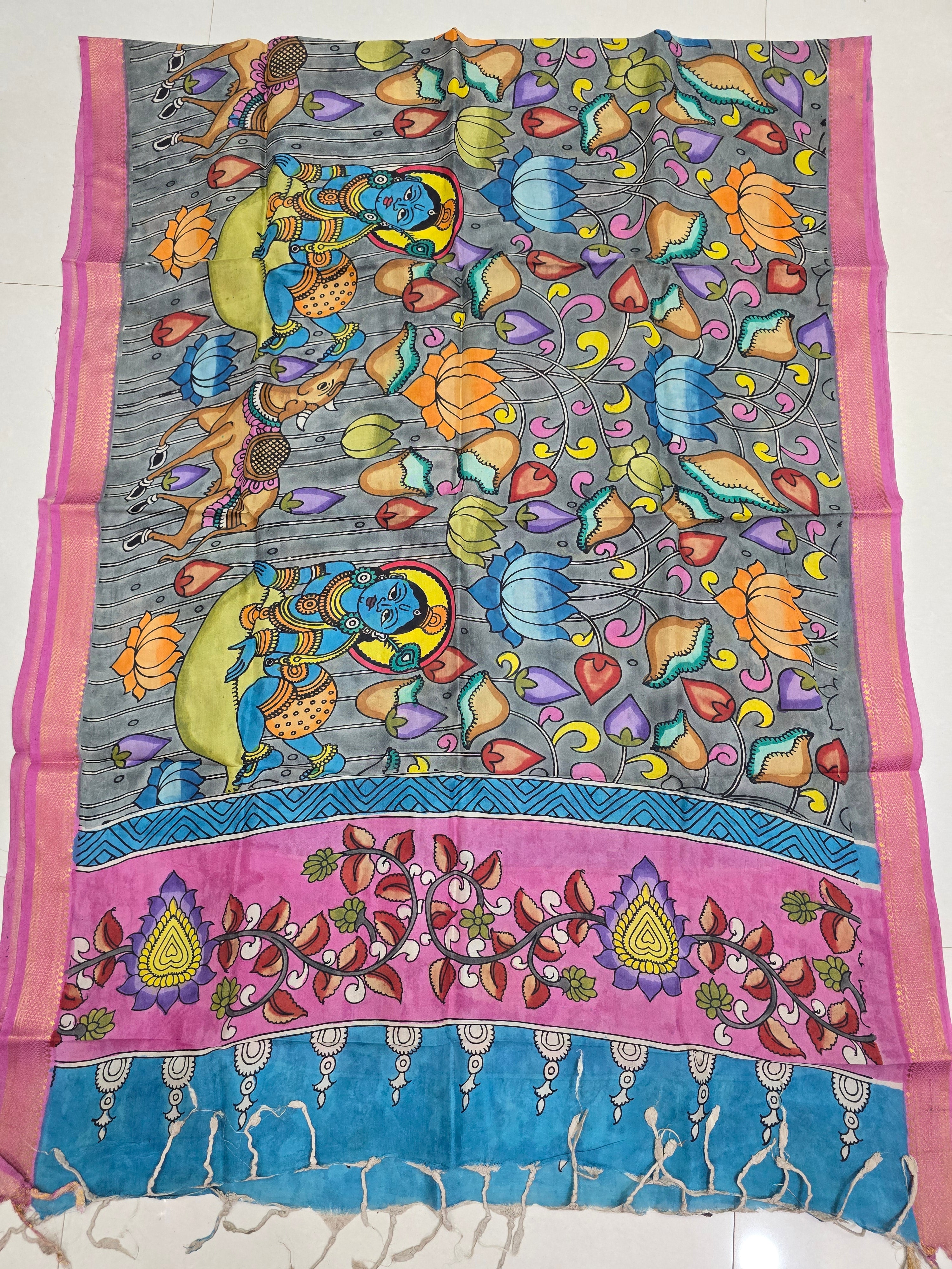 PINK - SRIKALAHASTI HANDPAINTED KALAMKARI PURE CHENNURI SILK DUPATTA 07