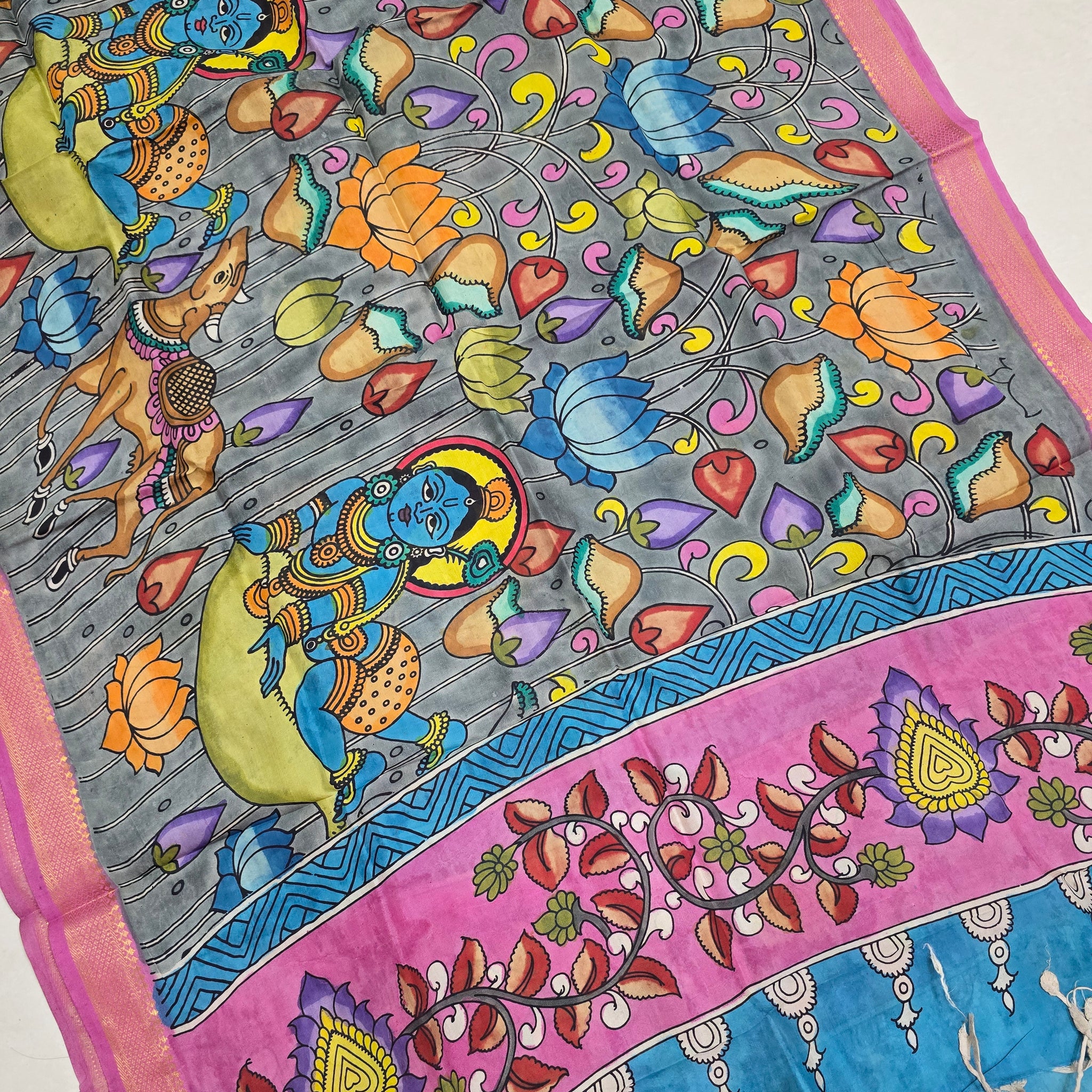 PINK - SRIKALAHASTI HANDPAINTED KALAMKARI PURE CHENNURI SILK DUPATTA 07