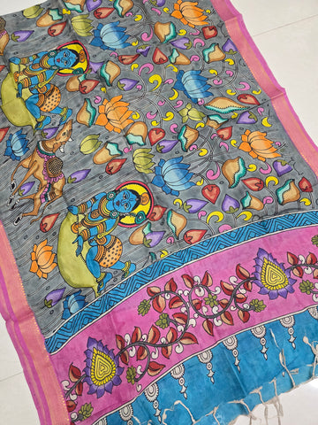 PINK - SRIKALAHASTI HANDPAINTED KALAMKARI PURE CHENNURI SILK DUPATTA 07