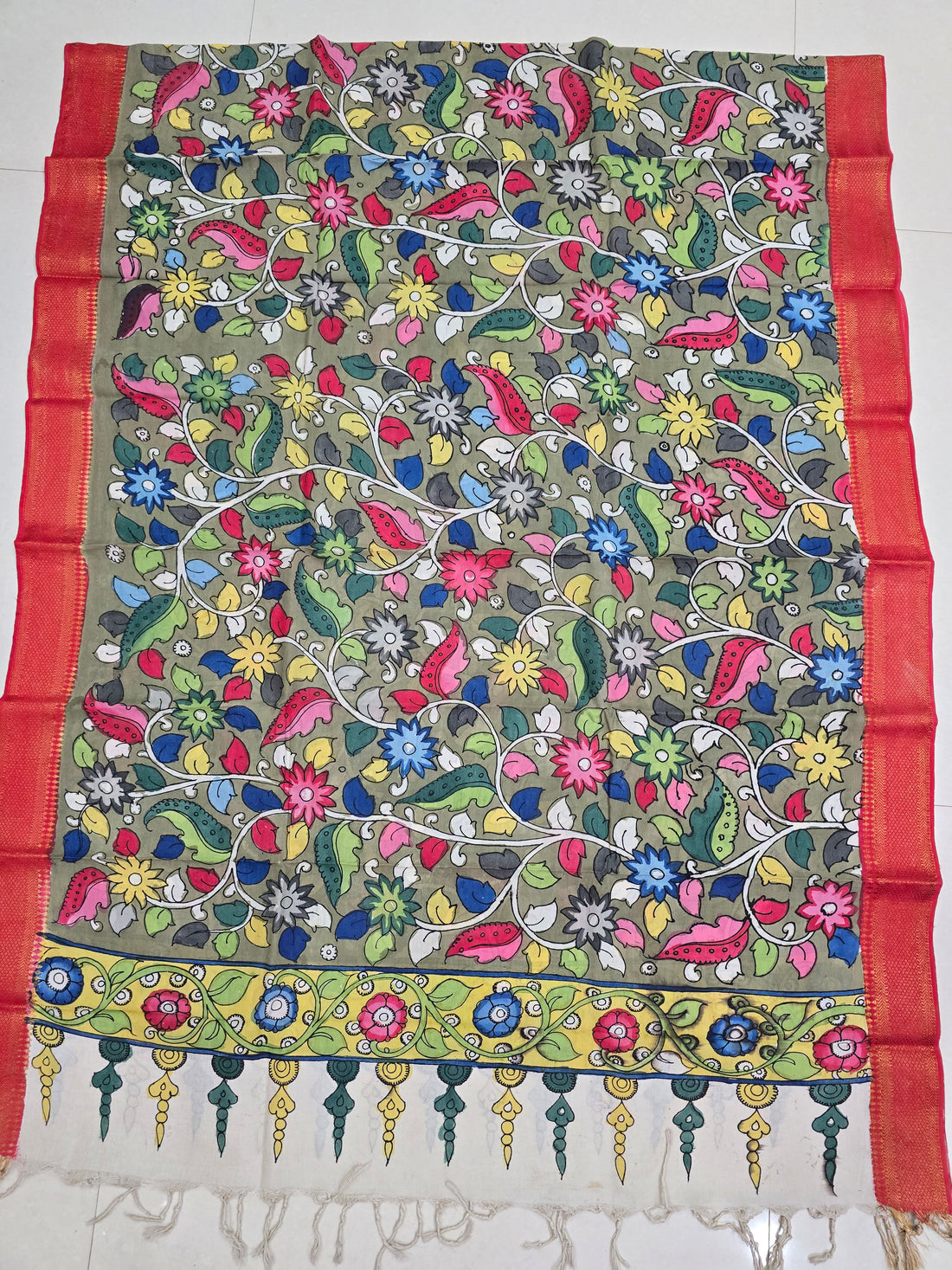 ORANGE - SRIKALAHASTI HANDPAINTED KALAMKARI PURE CHENNURI SILK DUPATTA 08
