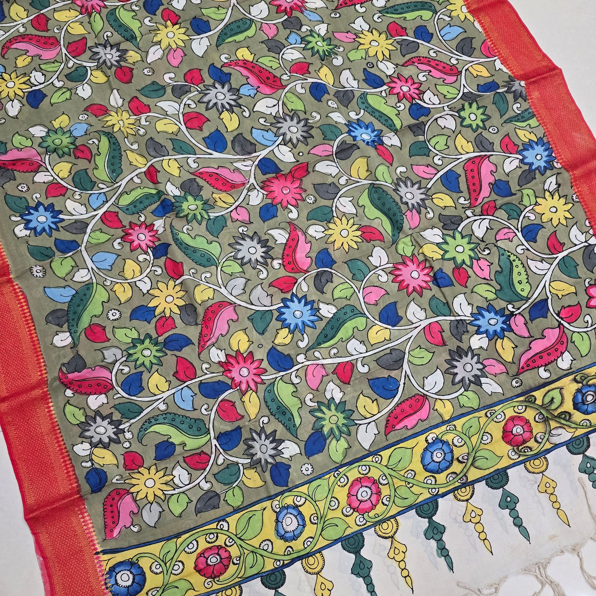 ORANGE - SRIKALAHASTI HANDPAINTED KALAMKARI PURE CHENNURI SILK DUPATTA 08