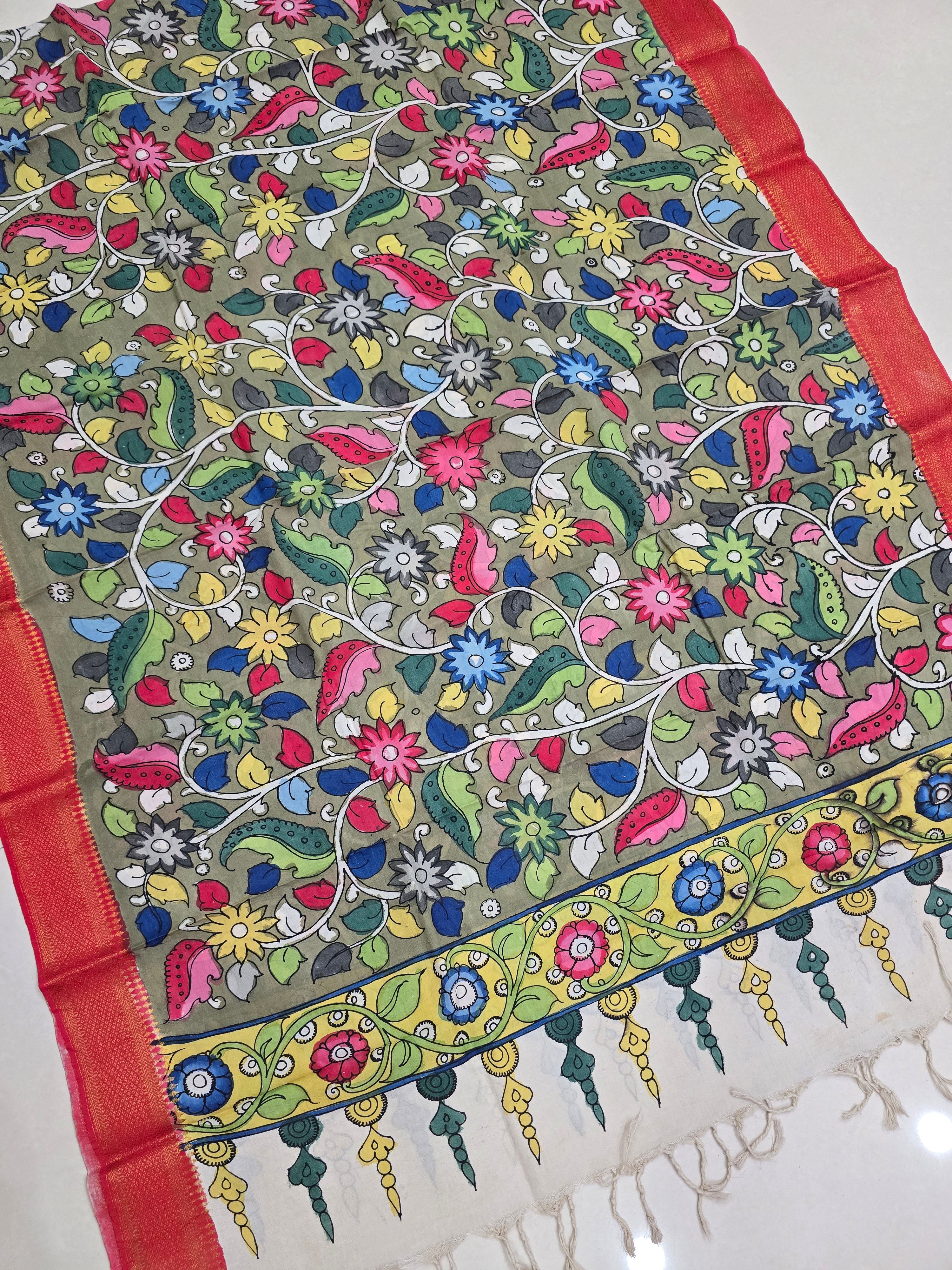 ORANGE - SRIKALAHASTI HANDPAINTED KALAMKARI PURE CHENNURI SILK DUPATTA 08