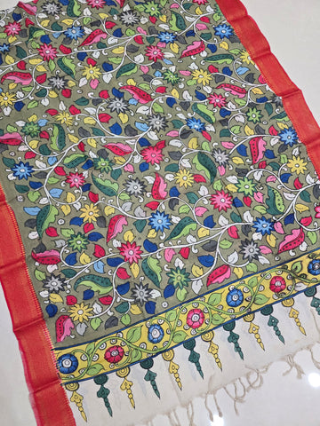 ORANGE - SRIKALAHASTI HANDPAINTED KALAMKARI PURE CHENNURI SILK DUPATTA 08