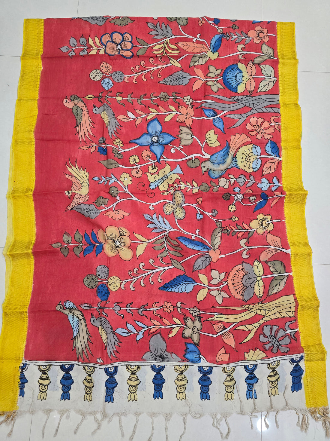 ORANGE - SRIKALAHASTI HANDPAINTED KALAMKARI PURE CHENNURI SILK DUPATTA 09