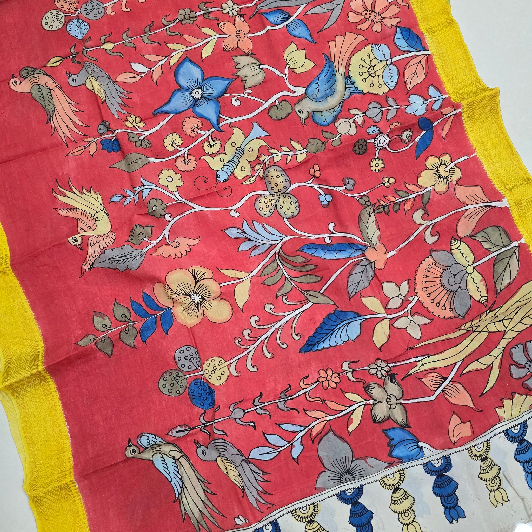 ORANGE - SRIKALAHASTI HANDPAINTED KALAMKARI PURE CHENNURI SILK DUPATTA 09