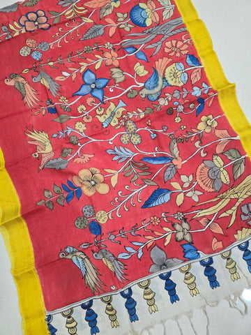 ORANGE - SRIKALAHASTI HANDPAINTED KALAMKARI PURE CHENNURI SILK DUPATTA 09