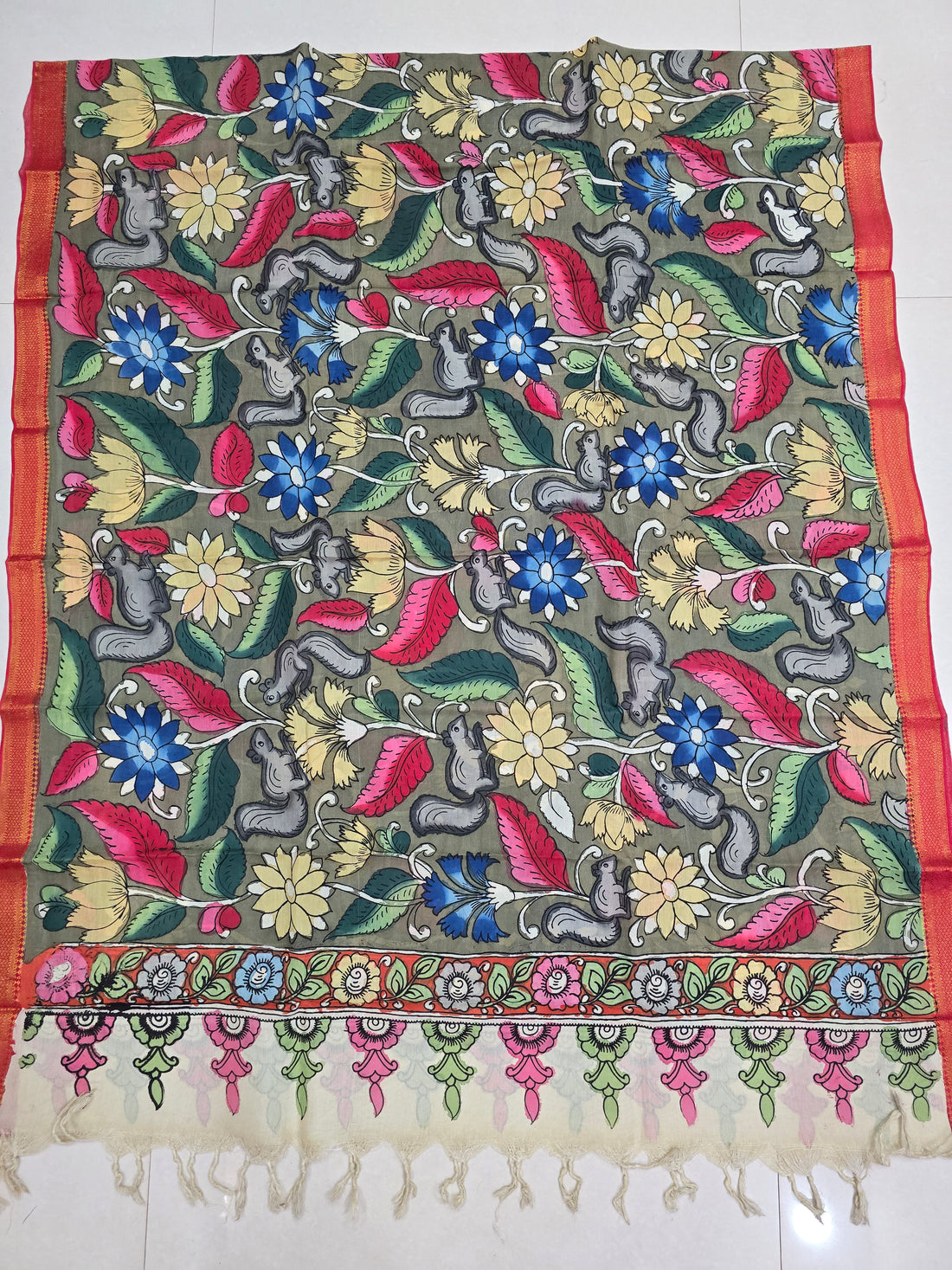 MULTICOLOR- SRIKALAHASTI HANDPAINTED KALAMKARI PURE CHENNURI SILK DUPATTA 10