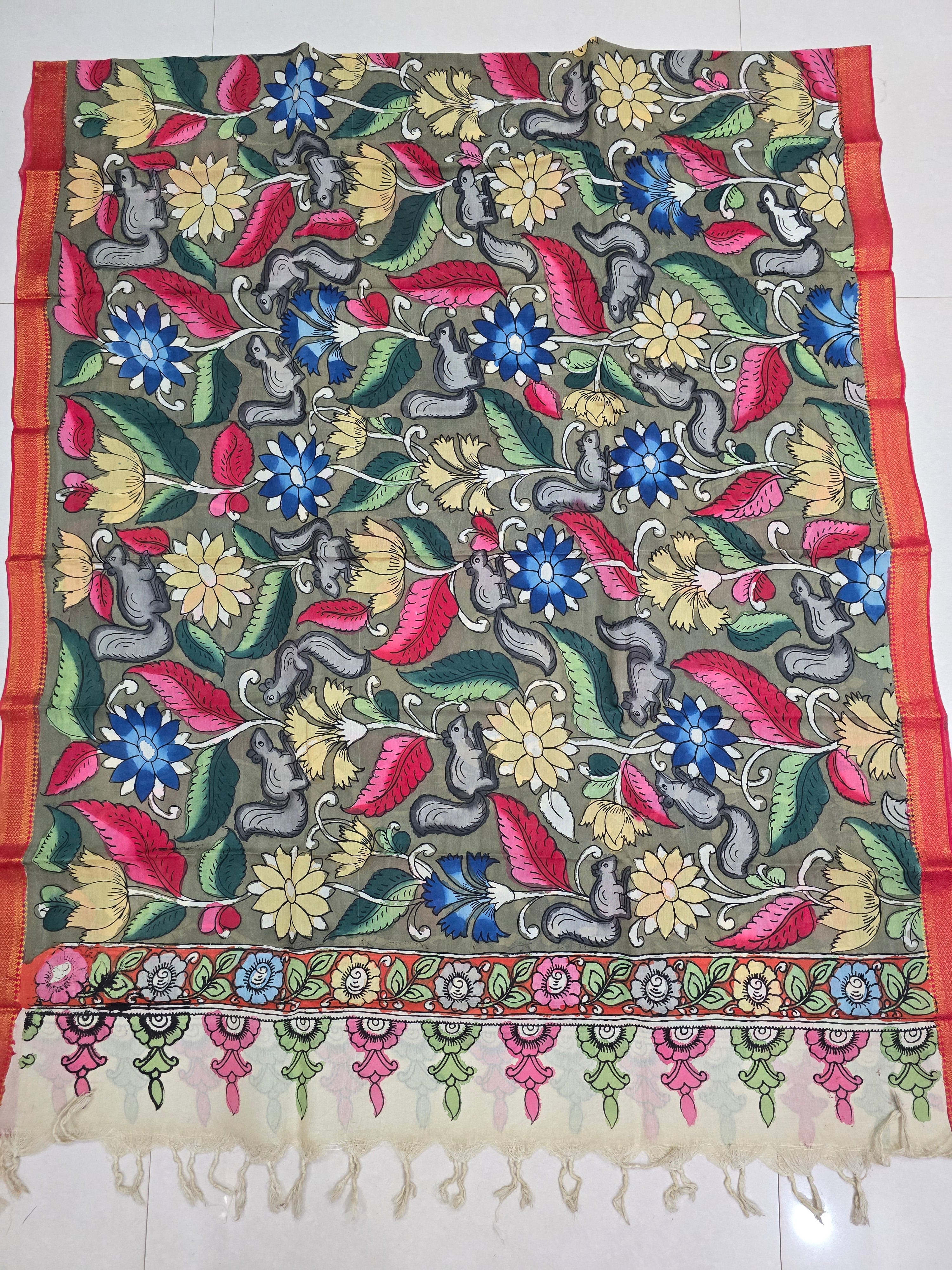 MULTICOLOR- SRIKALAHASTI HANDPAINTED KALAMKARI PURE CHENNURI SILK DUPATTA 10