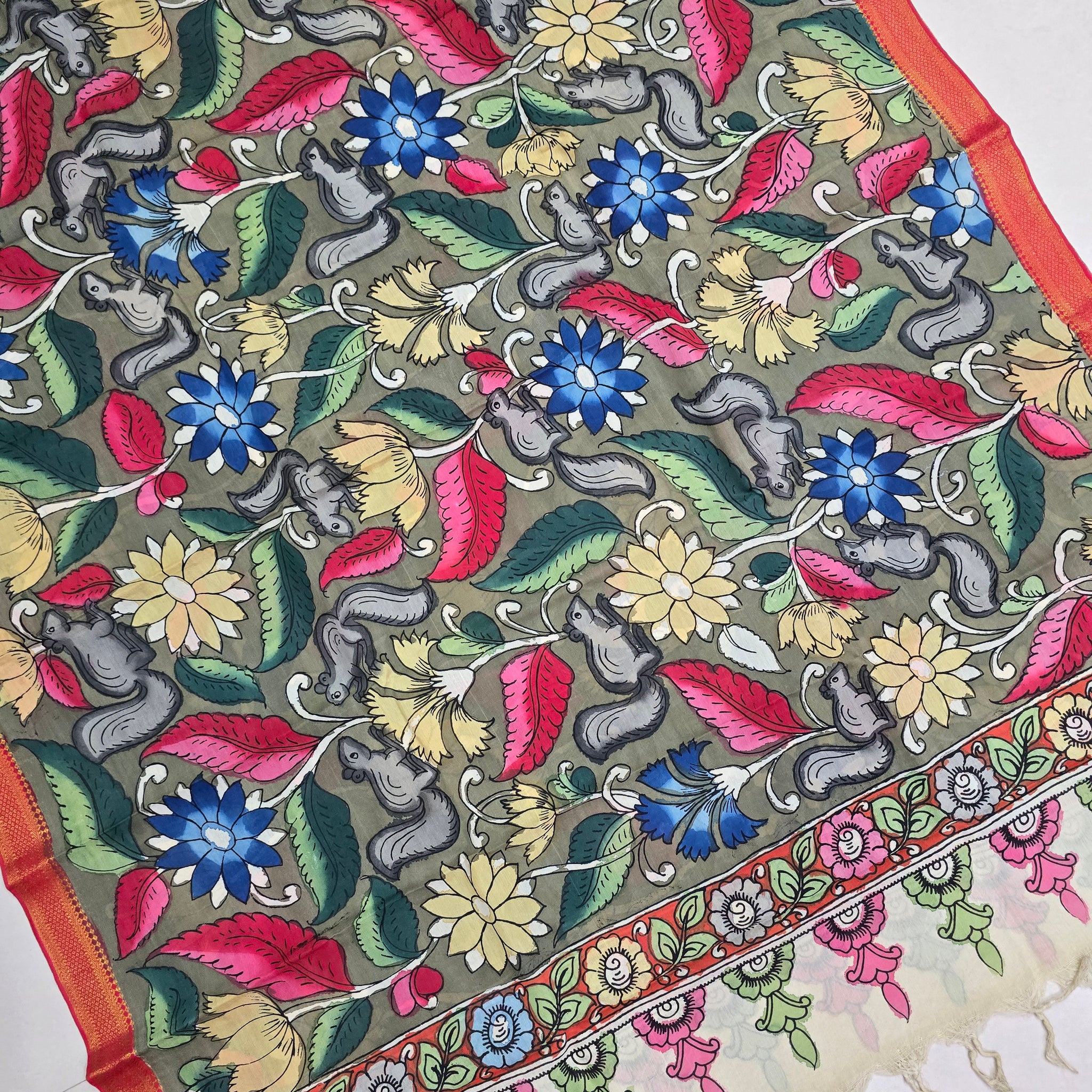 MULTICOLOR- SRIKALAHASTI HANDPAINTED KALAMKARI PURE CHENNURI SILK DUPATTA 10