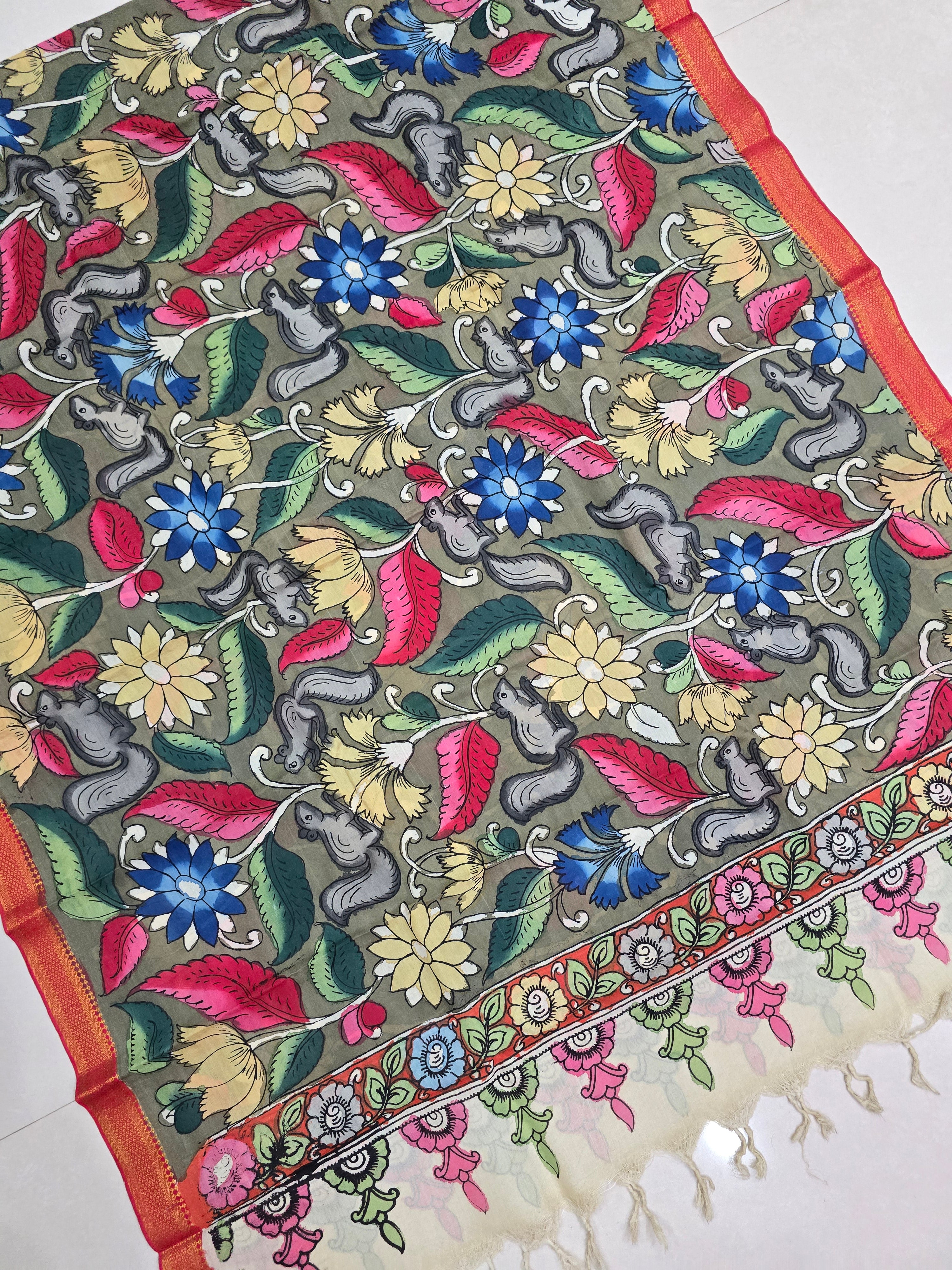 MULTICOLOR- SRIKALAHASTI HANDPAINTED KALAMKARI PURE CHENNURI SILK DUPATTA 10