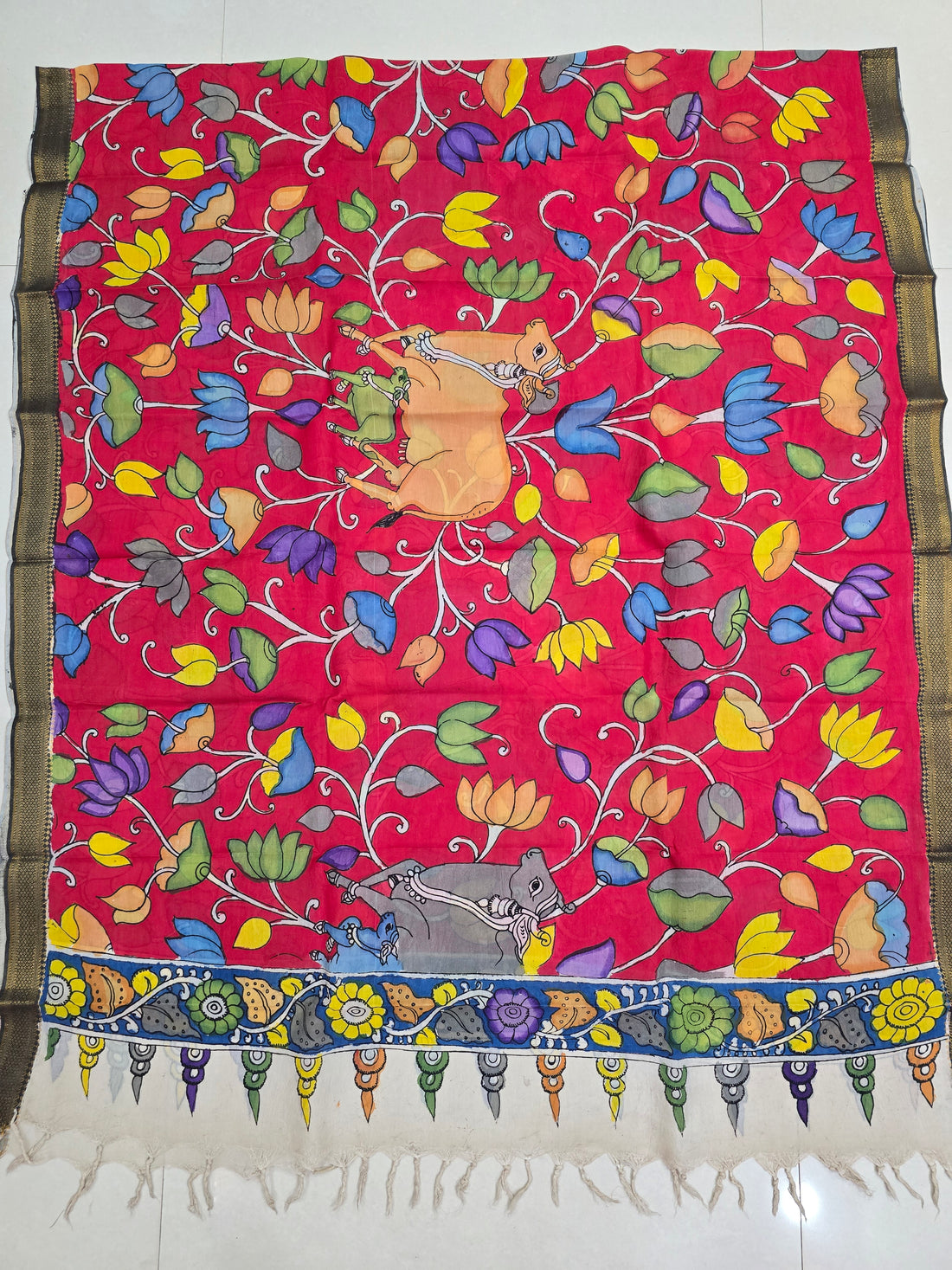 RED - SRIKALAHASTI HANDPAINTED KALAMKARI PURE CHENNURI SILK DUPATTA 11