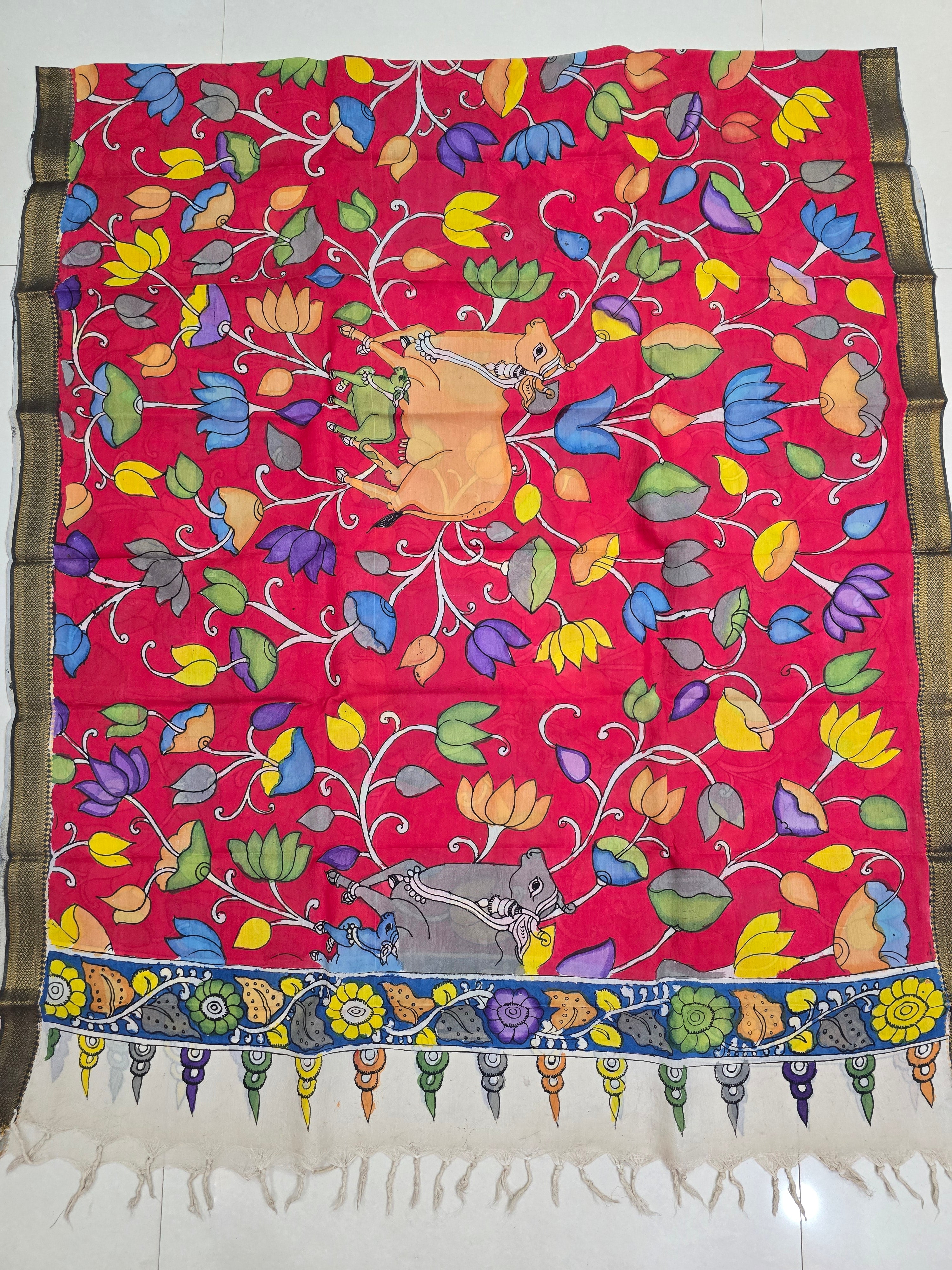 RED - SRIKALAHASTI HANDPAINTED KALAMKARI PURE CHENNURI SILK DUPATTA 11