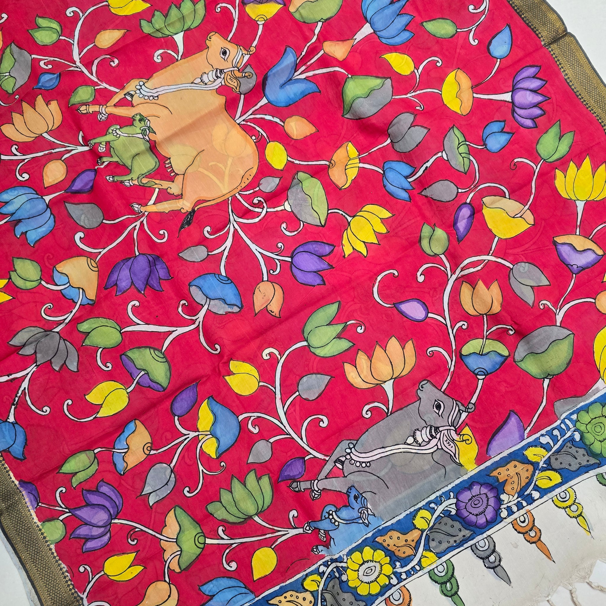 RED - SRIKALAHASTI HANDPAINTED KALAMKARI PURE CHENNURI SILK DUPATTA 11