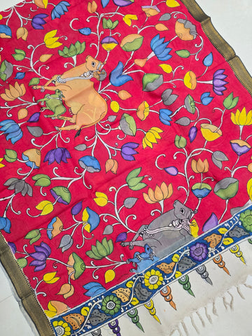 RED - SRIKALAHASTI HANDPAINTED KALAMKARI PURE CHENNURI SILK DUPATTA 11