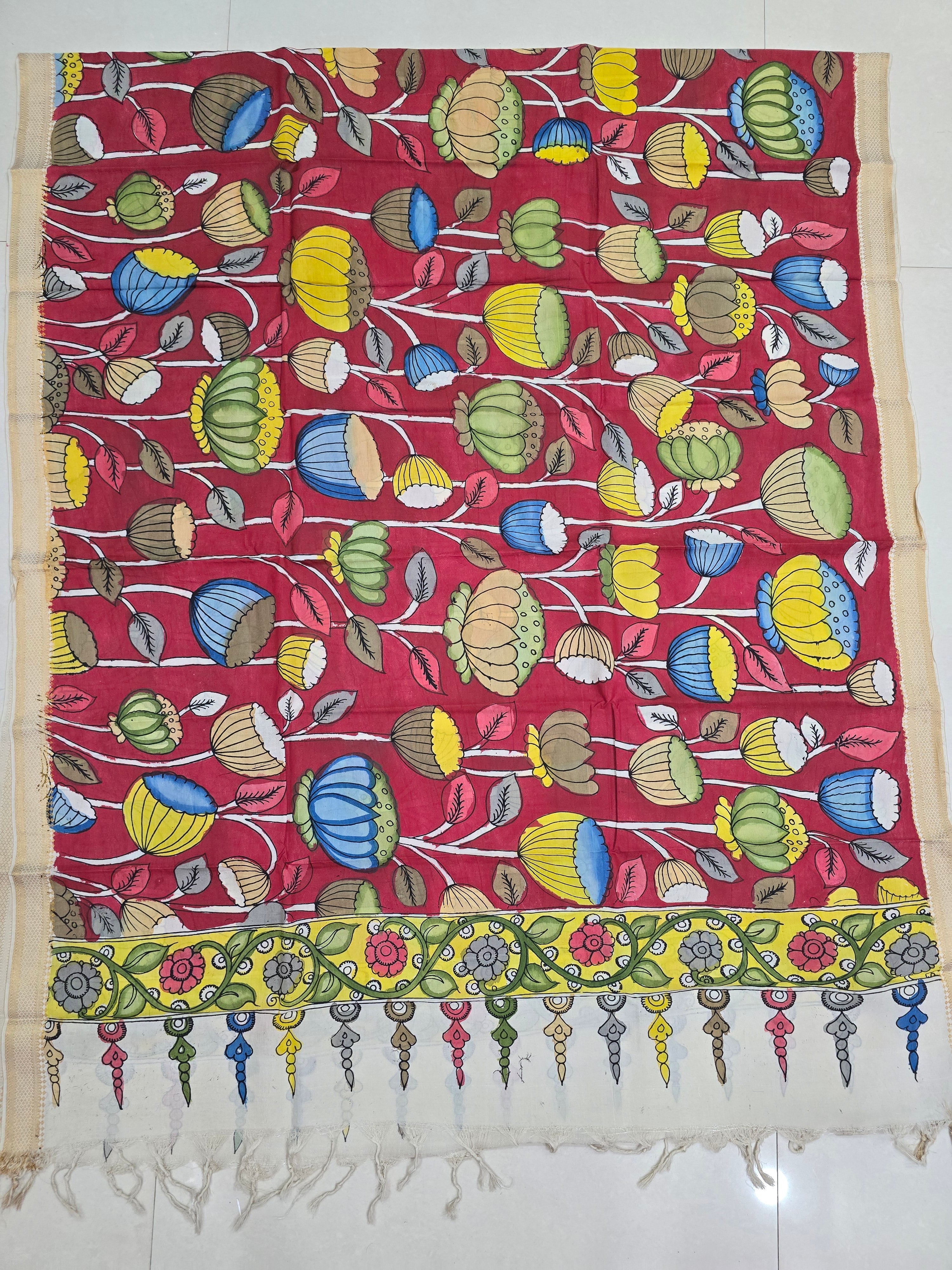 RED - SRIKALAHASTI HANDPAINTED KALAMKARI PURE CHENNURI SILK DUPATTA 12