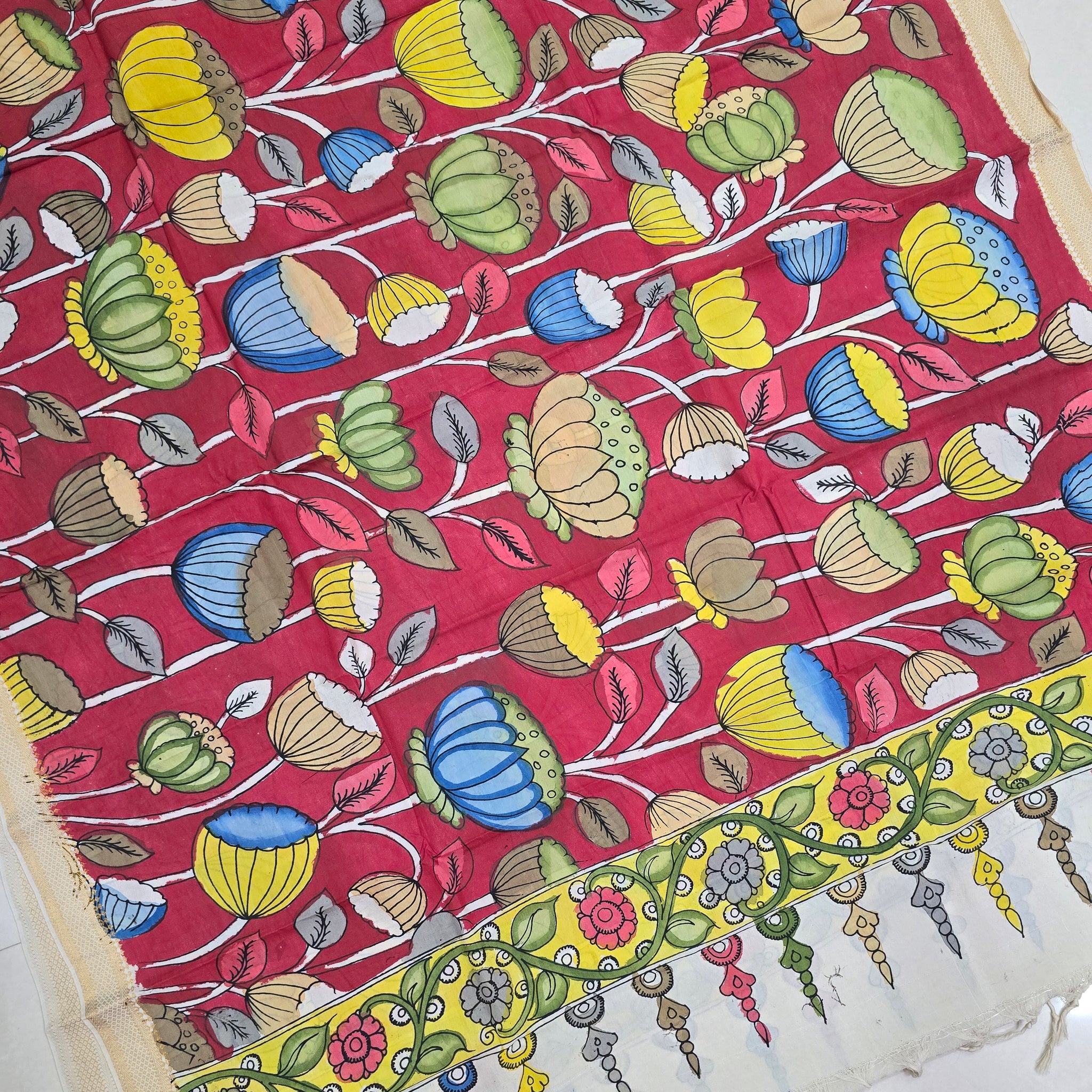 RED - SRIKALAHASTI HANDPAINTED KALAMKARI PURE CHENNURI SILK DUPATTA 12