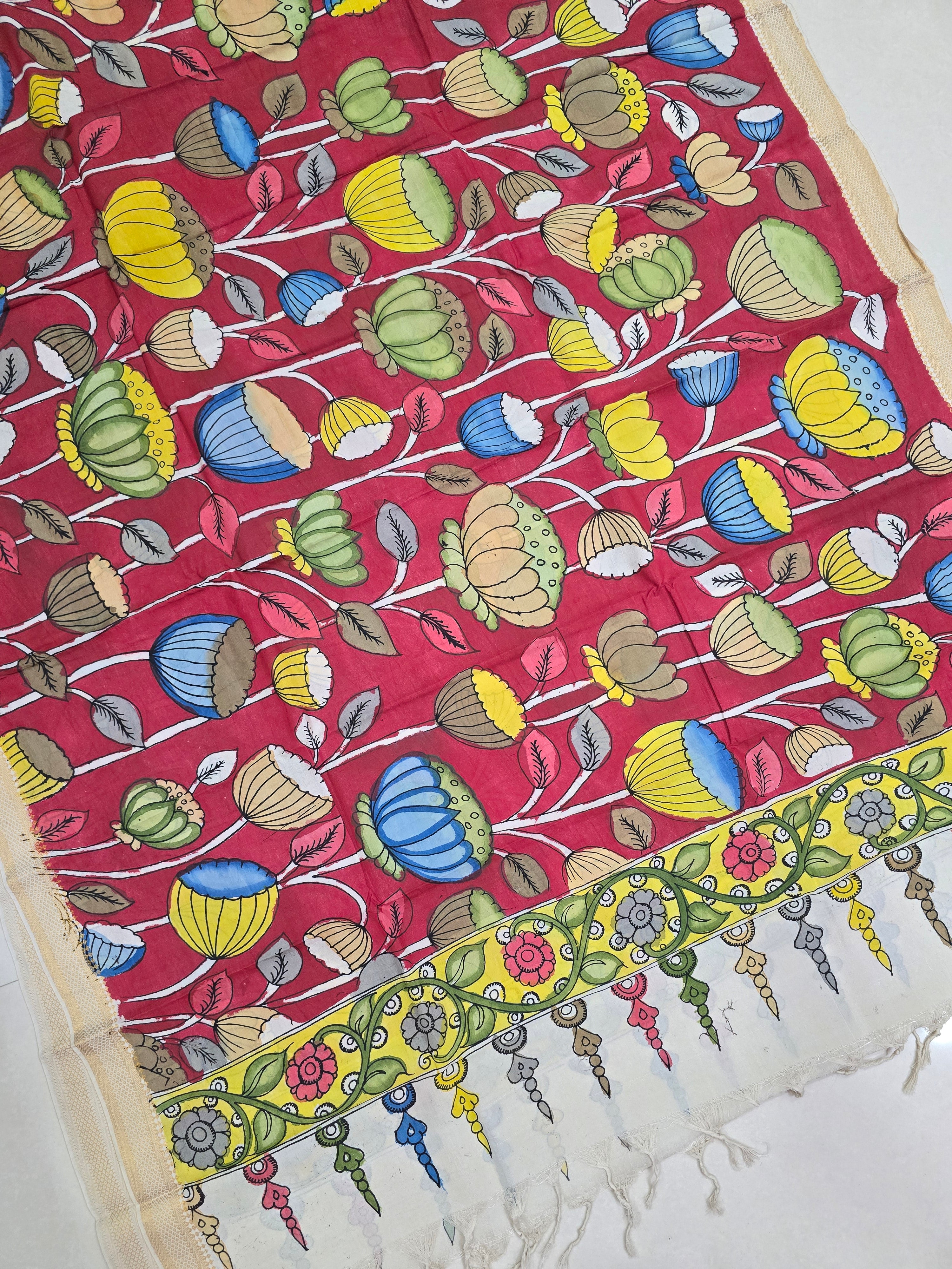 RED - SRIKALAHASTI HANDPAINTED KALAMKARI PURE CHENNURI SILK DUPATTA 12
