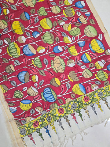 RED - SRIKALAHASTI HANDPAINTED KALAMKARI PURE CHENNURI SILK DUPATTA 12
