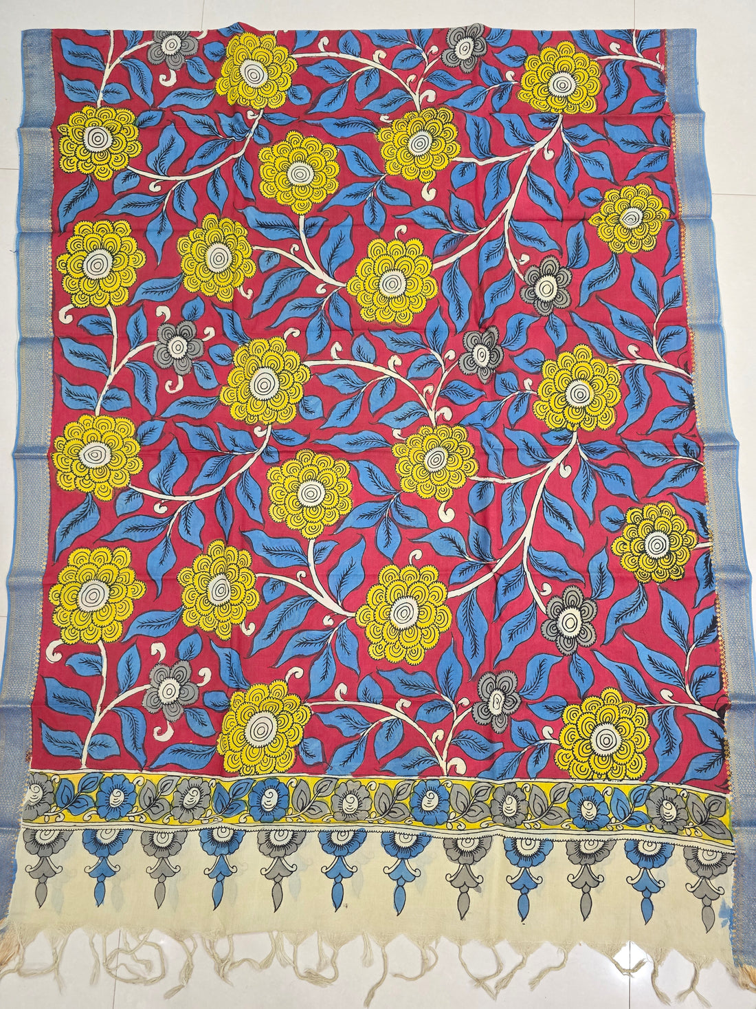 YELLOW - SRIKALAHASTI HANDPAINTED KALAMKARI PURE CHENNURI SILK DUPATTA 13