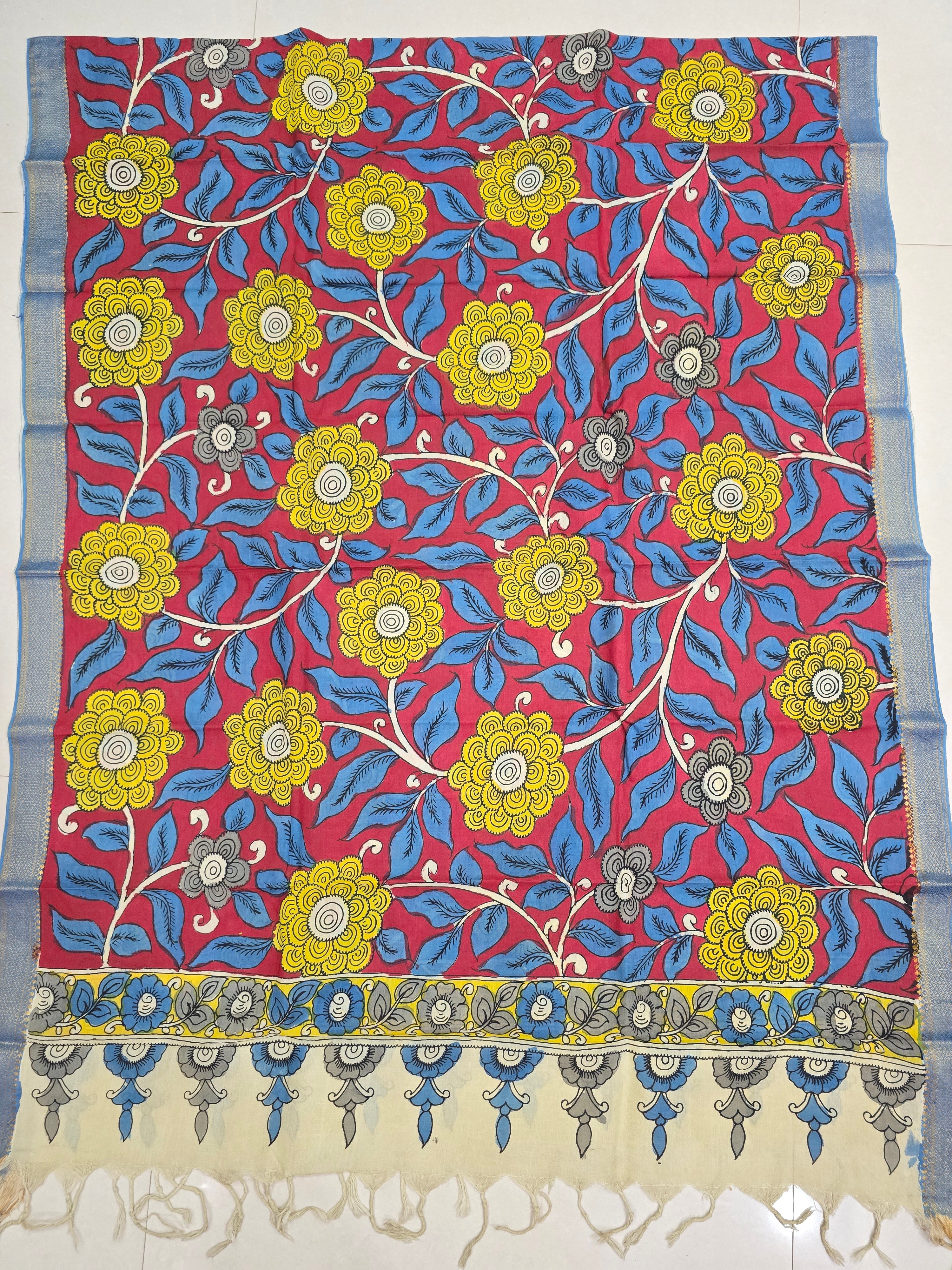 YELLOW - SRIKALAHASTI HANDPAINTED KALAMKARI PURE CHENNURI SILK DUPATTA 13