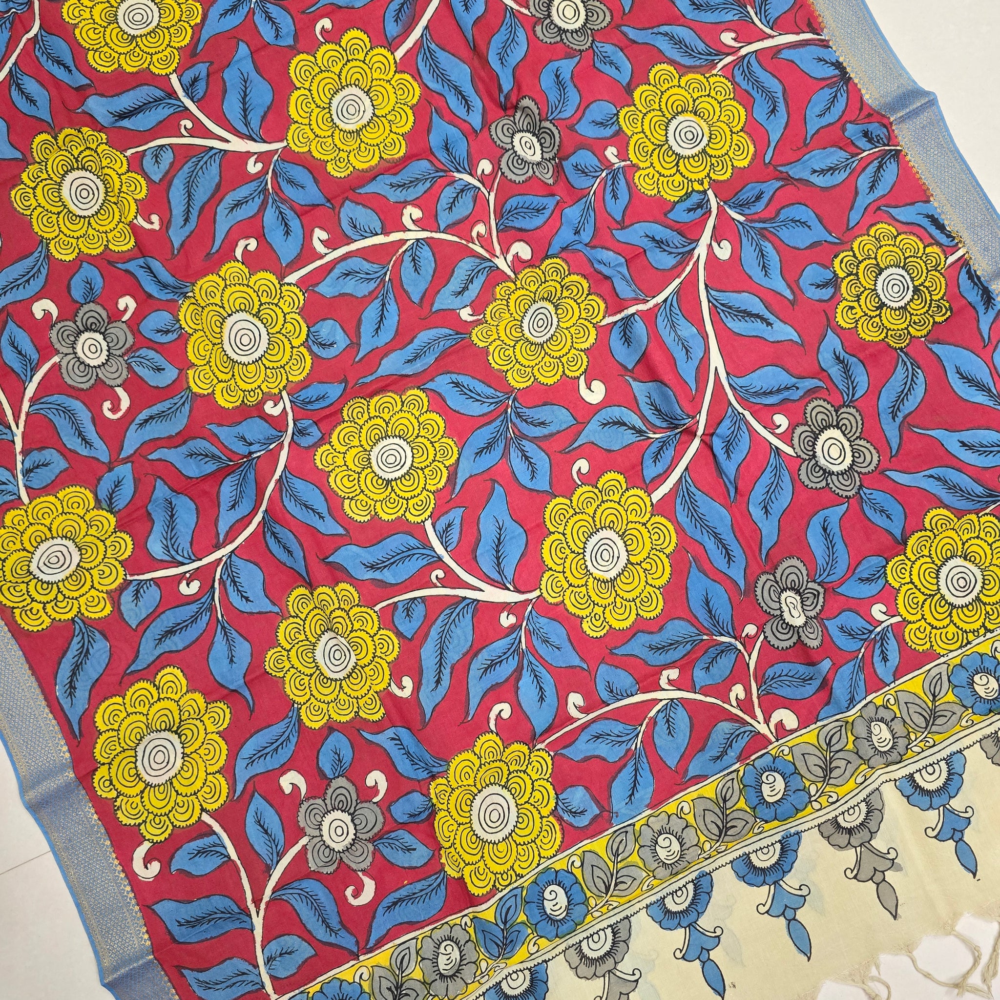 YELLOW - SRIKALAHASTI HANDPAINTED KALAMKARI PURE CHENNURI SILK DUPATTA 13