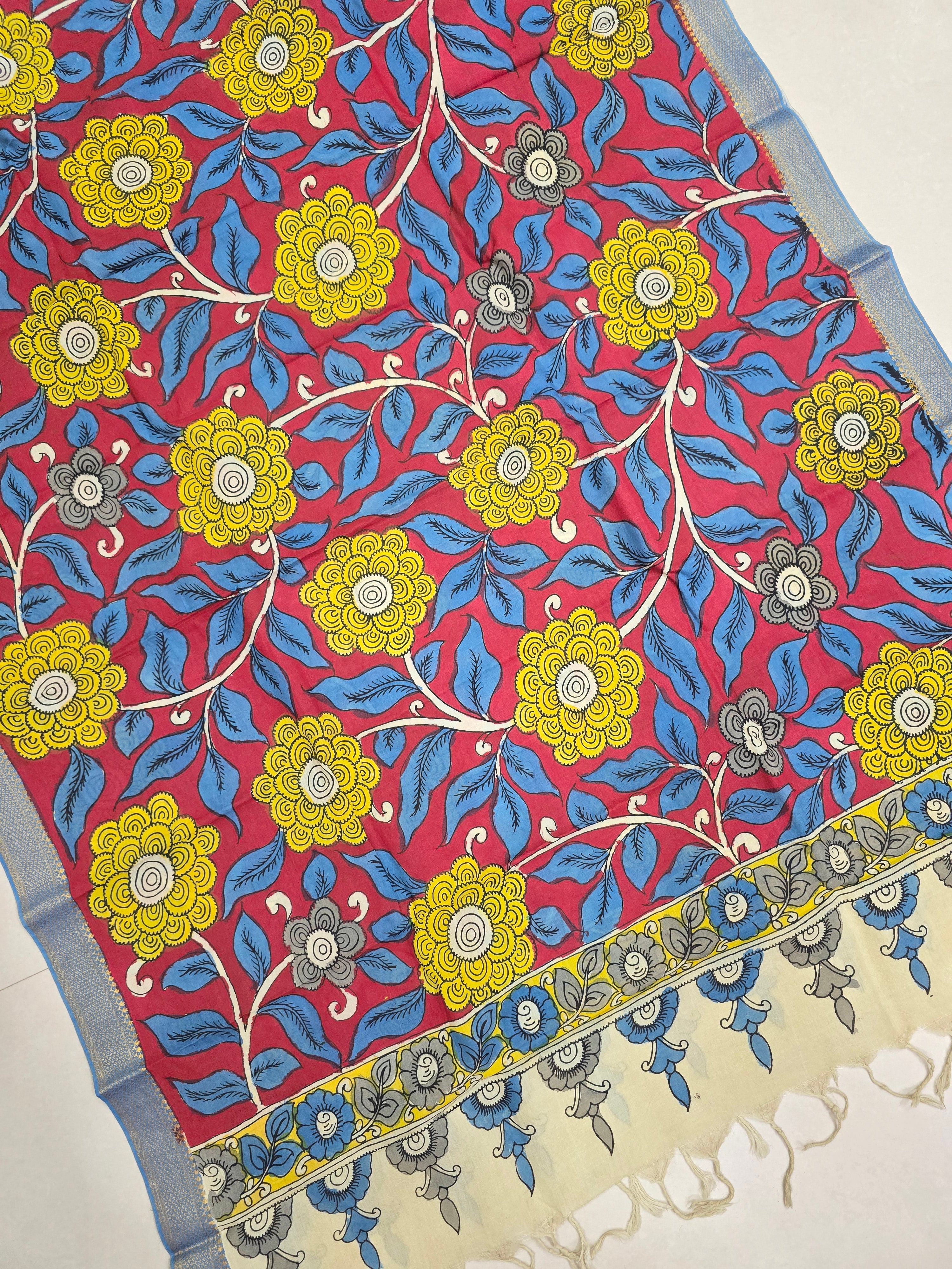 YELLOW - SRIKALAHASTI HANDPAINTED KALAMKARI PURE CHENNURI SILK DUPATTA 13