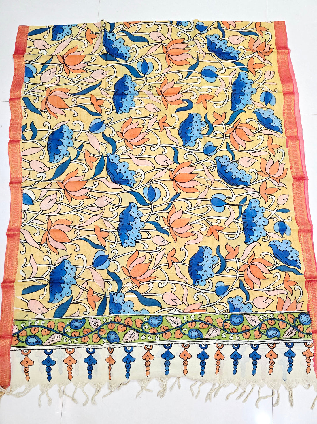 MULTICOLOR - SRIKALAHASTI HANDPAINTED KALAMKARI PURE CHENNURI SILK DUPATTA 14