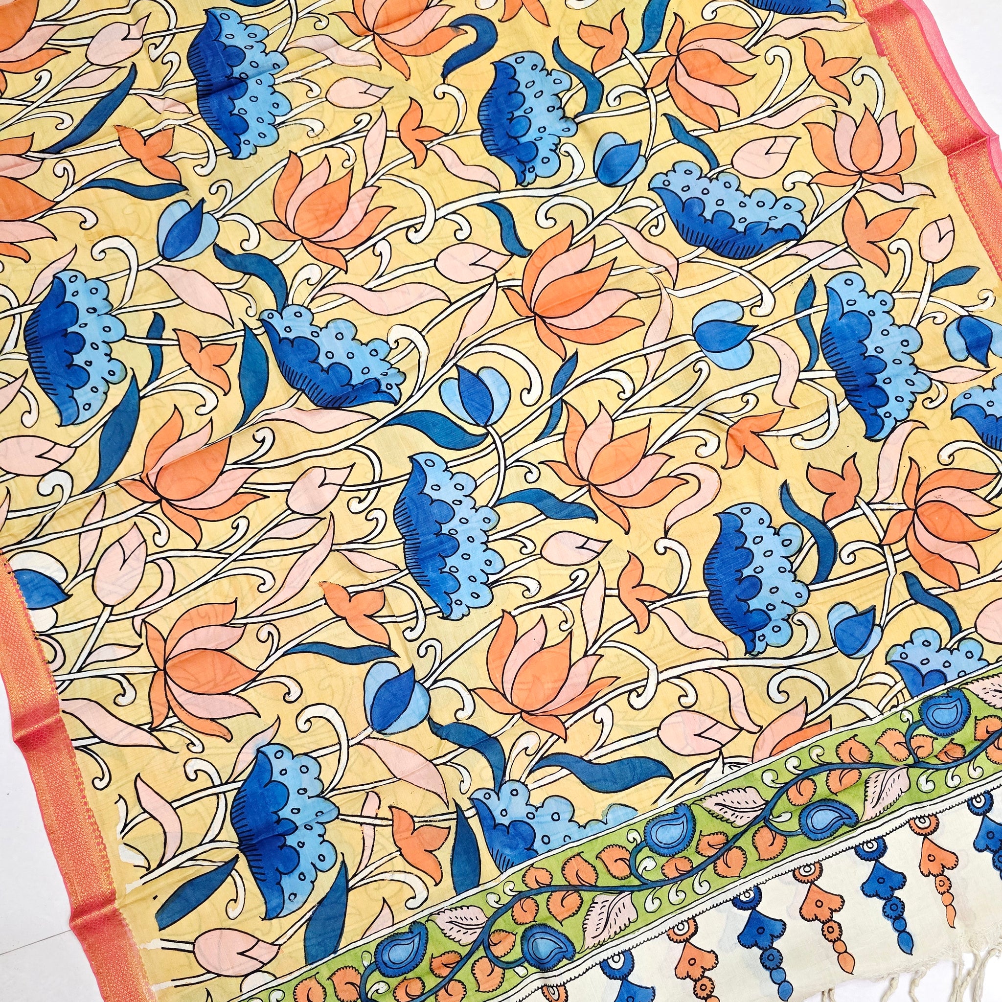 MULTICOLOR - SRIKALAHASTI HANDPAINTED KALAMKARI PURE CHENNURI SILK DUPATTA 14