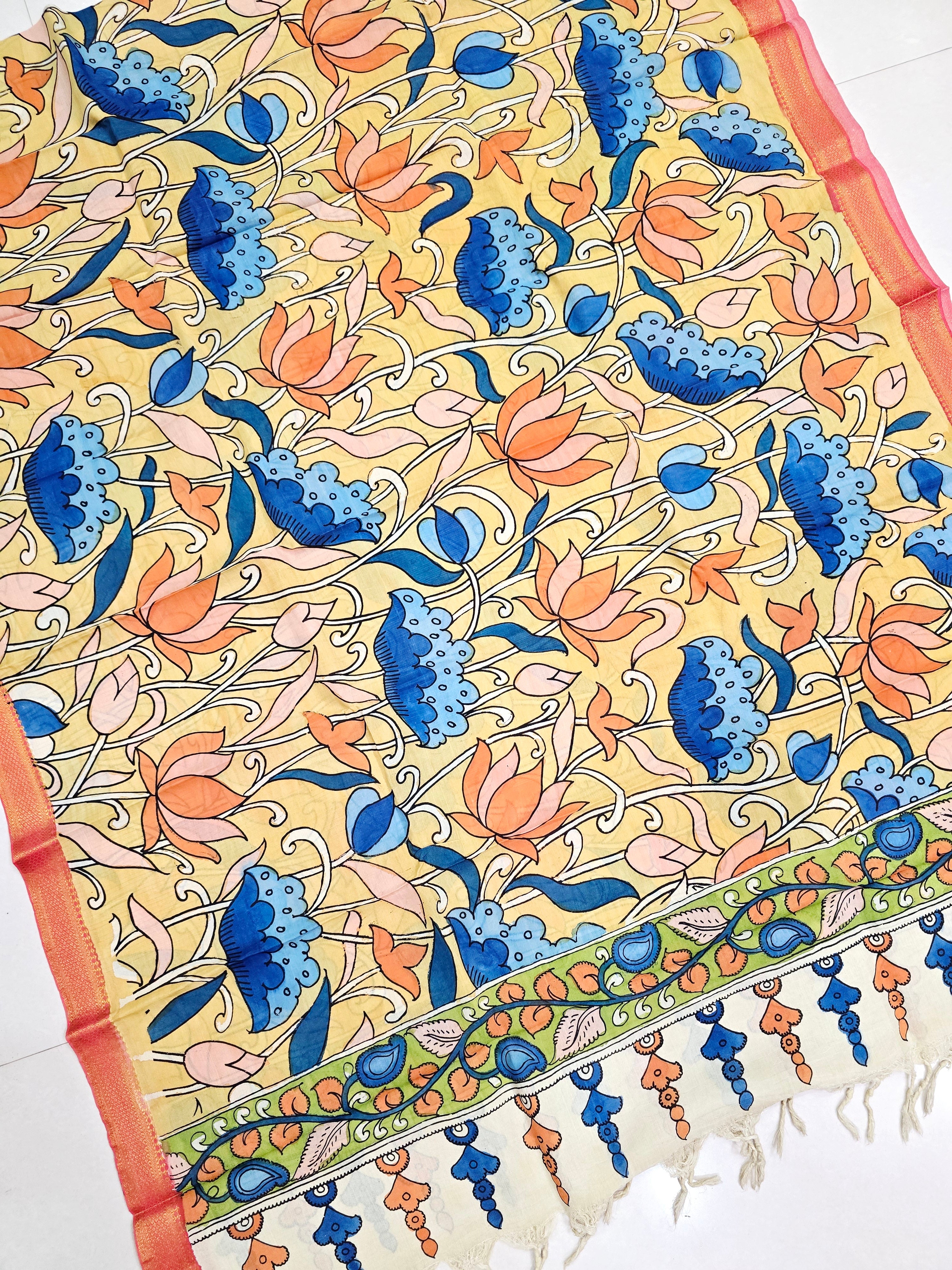 MULTICOLOR - SRIKALAHASTI HANDPAINTED KALAMKARI PURE CHENNURI SILK DUPATTA 14