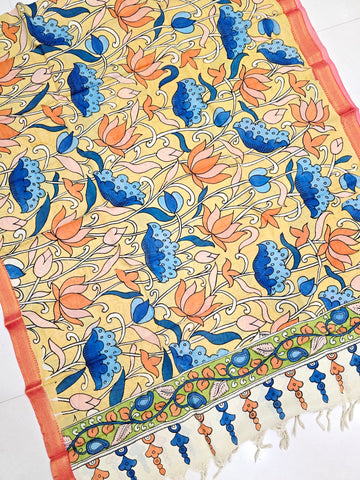 MULTICOLOR - SRIKALAHASTI HANDPAINTED KALAMKARI PURE CHENNURI SILK DUPATTA 14