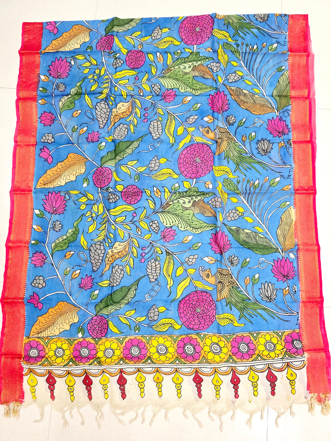 SKYBLUE - SRIKALAHASTI HANDPAINTED KALAMKARI PURE CHENNURI SILK DUPATTA 15