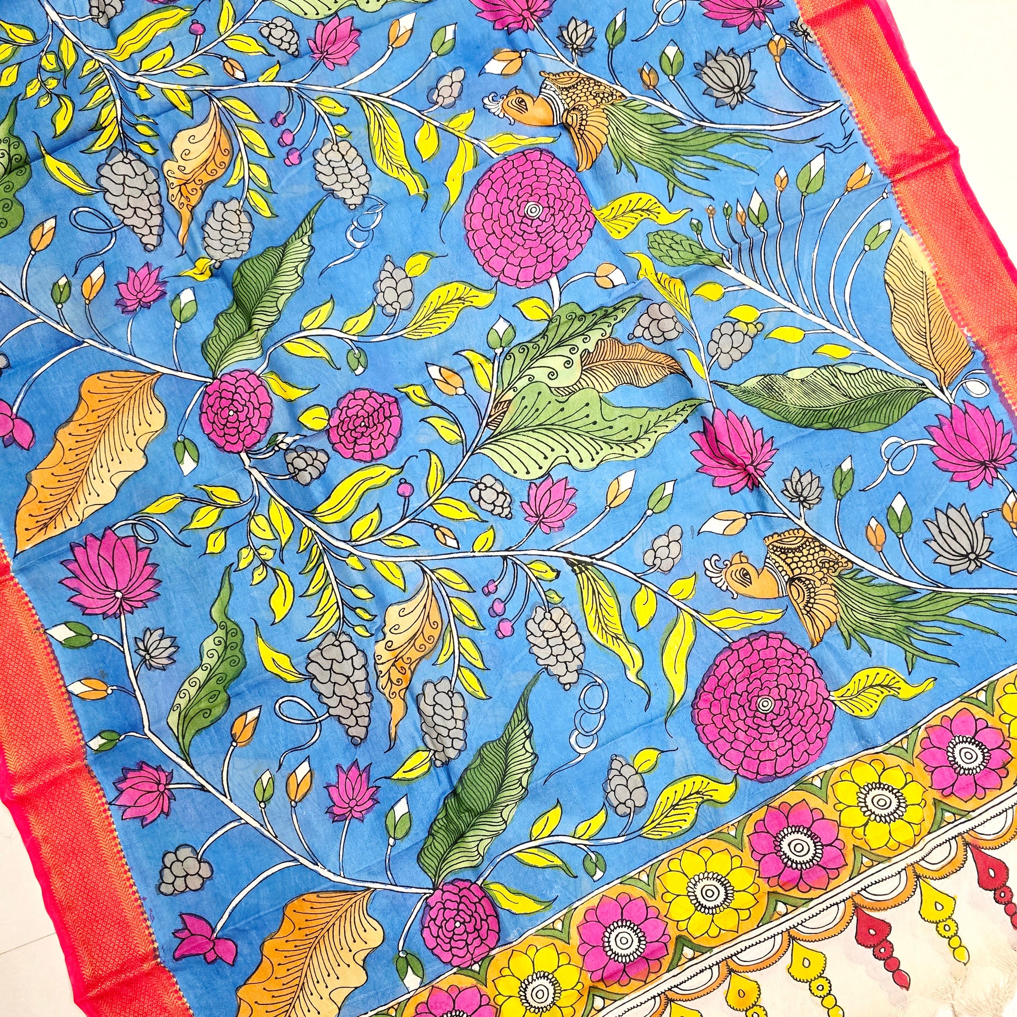 SKYBLUE - SRIKALAHASTI HANDPAINTED KALAMKARI PURE CHENNURI SILK DUPATTA 15