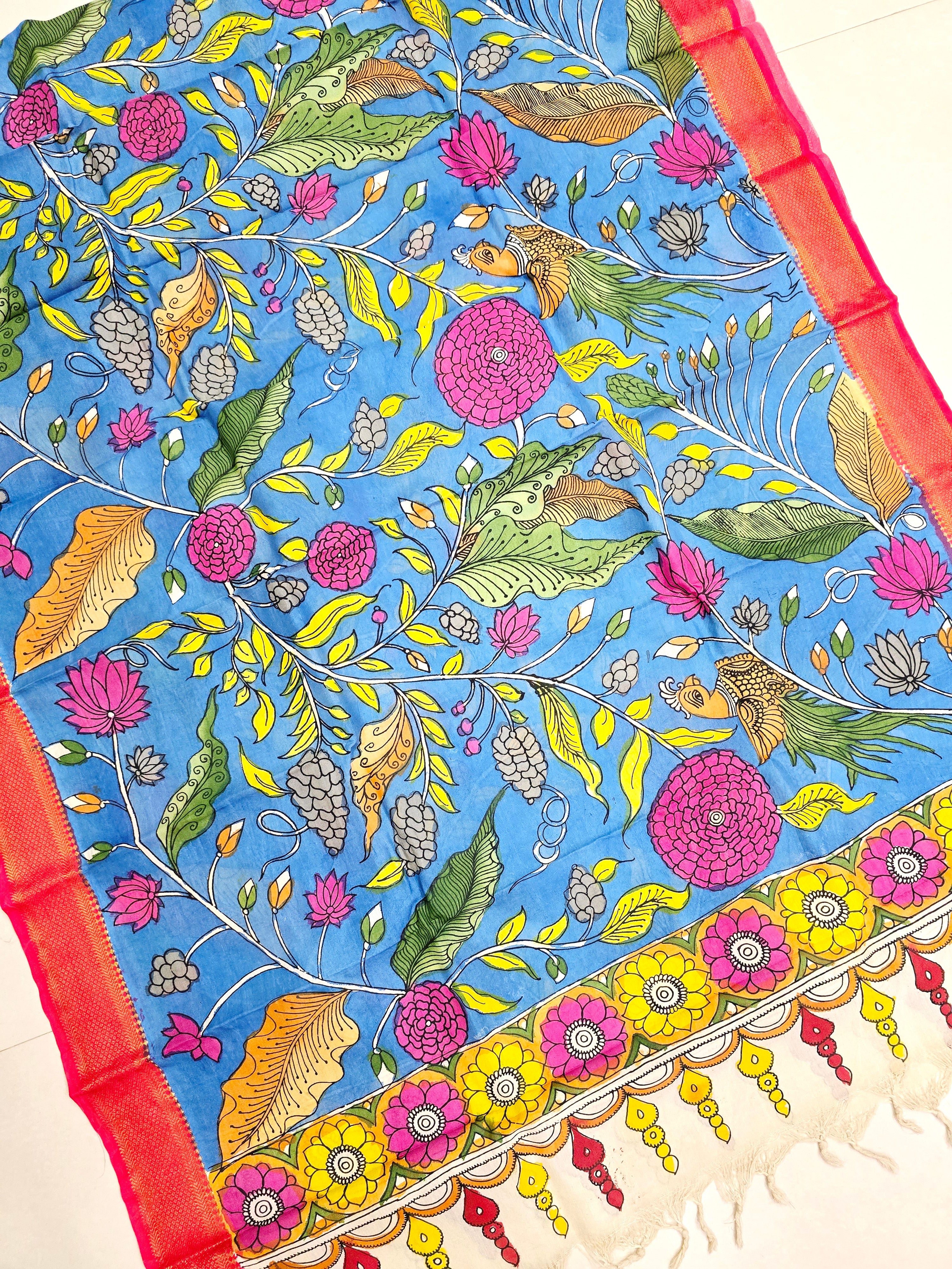 SKYBLUE - SRIKALAHASTI HANDPAINTED KALAMKARI PURE CHENNURI SILK DUPATTA 15