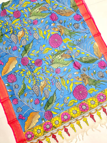 SKYBLUE - SRIKALAHASTI HANDPAINTED KALAMKARI PURE CHENNURI SILK DUPATTA 15