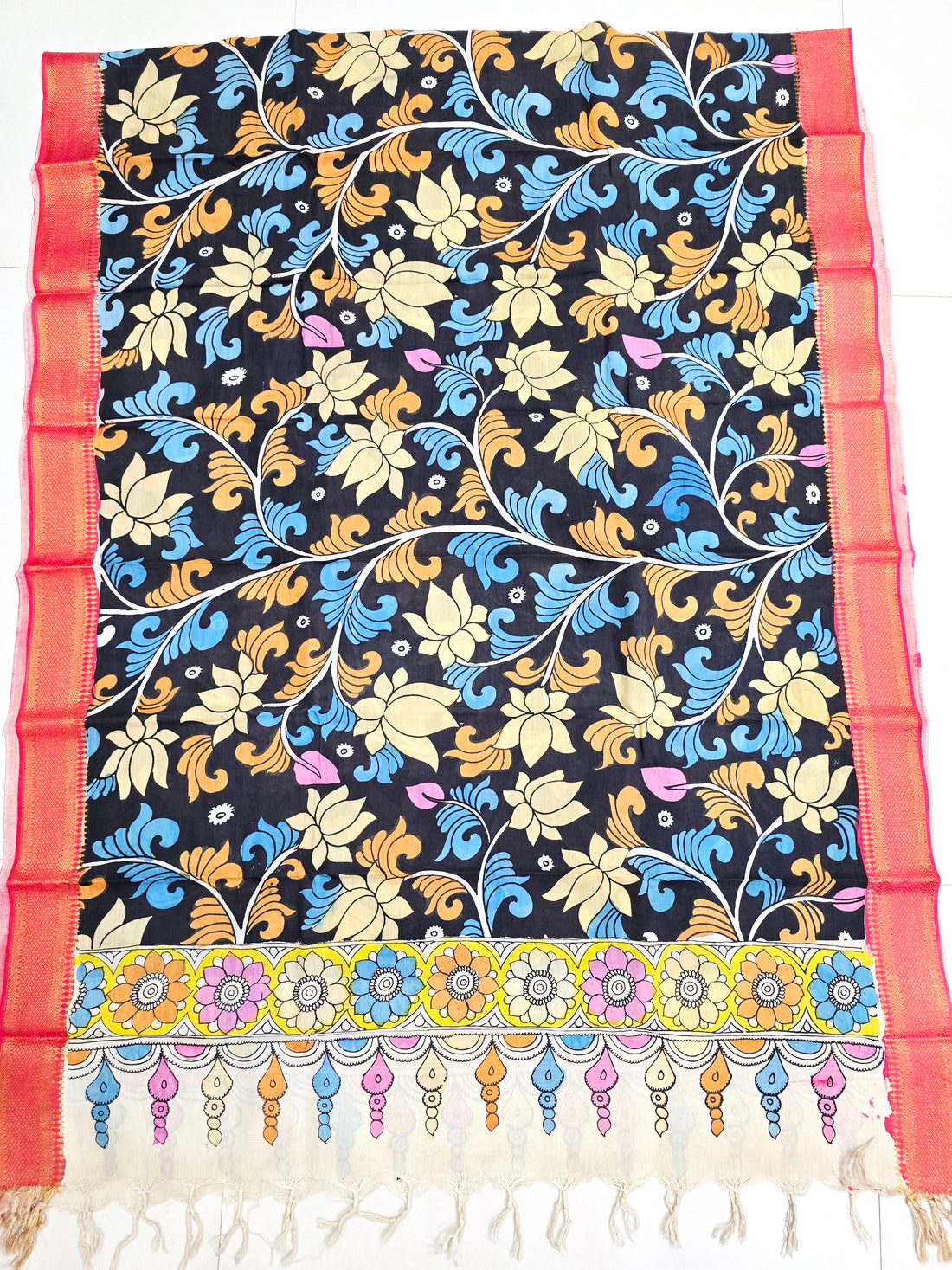BLACK - SRIKALAHASTI HANDPAINTED KALAMKARI PURE CHENNURI SILK DUPATTA 16