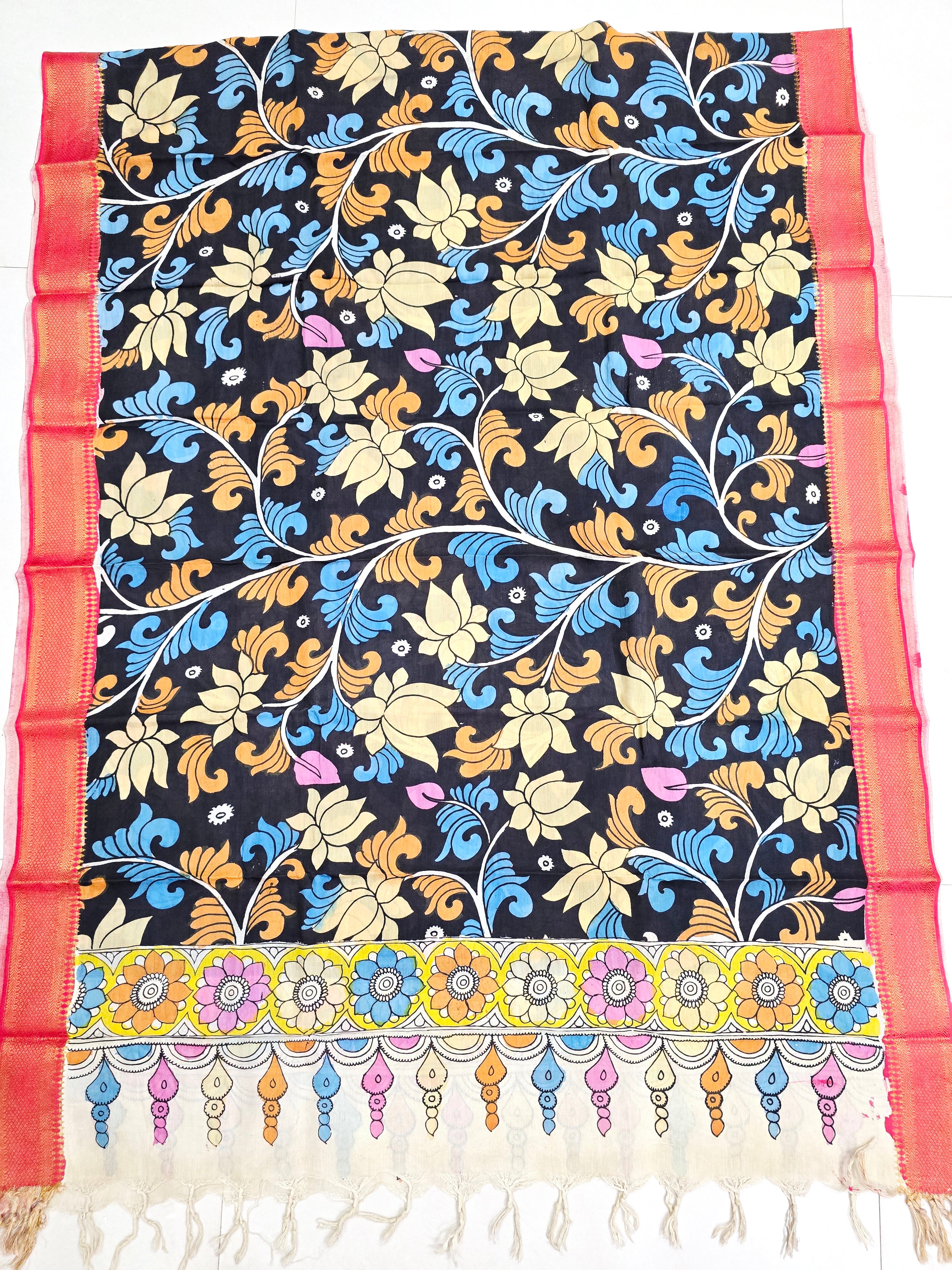 BLACK - SRIKALAHASTI HANDPAINTED KALAMKARI PURE CHENNURI SILK DUPATTA 16