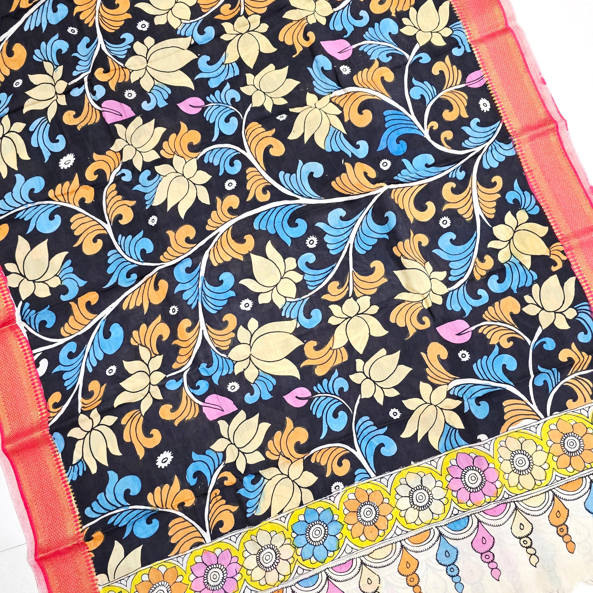 BLACK - SRIKALAHASTI HANDPAINTED KALAMKARI PURE CHENNURI SILK DUPATTA 16