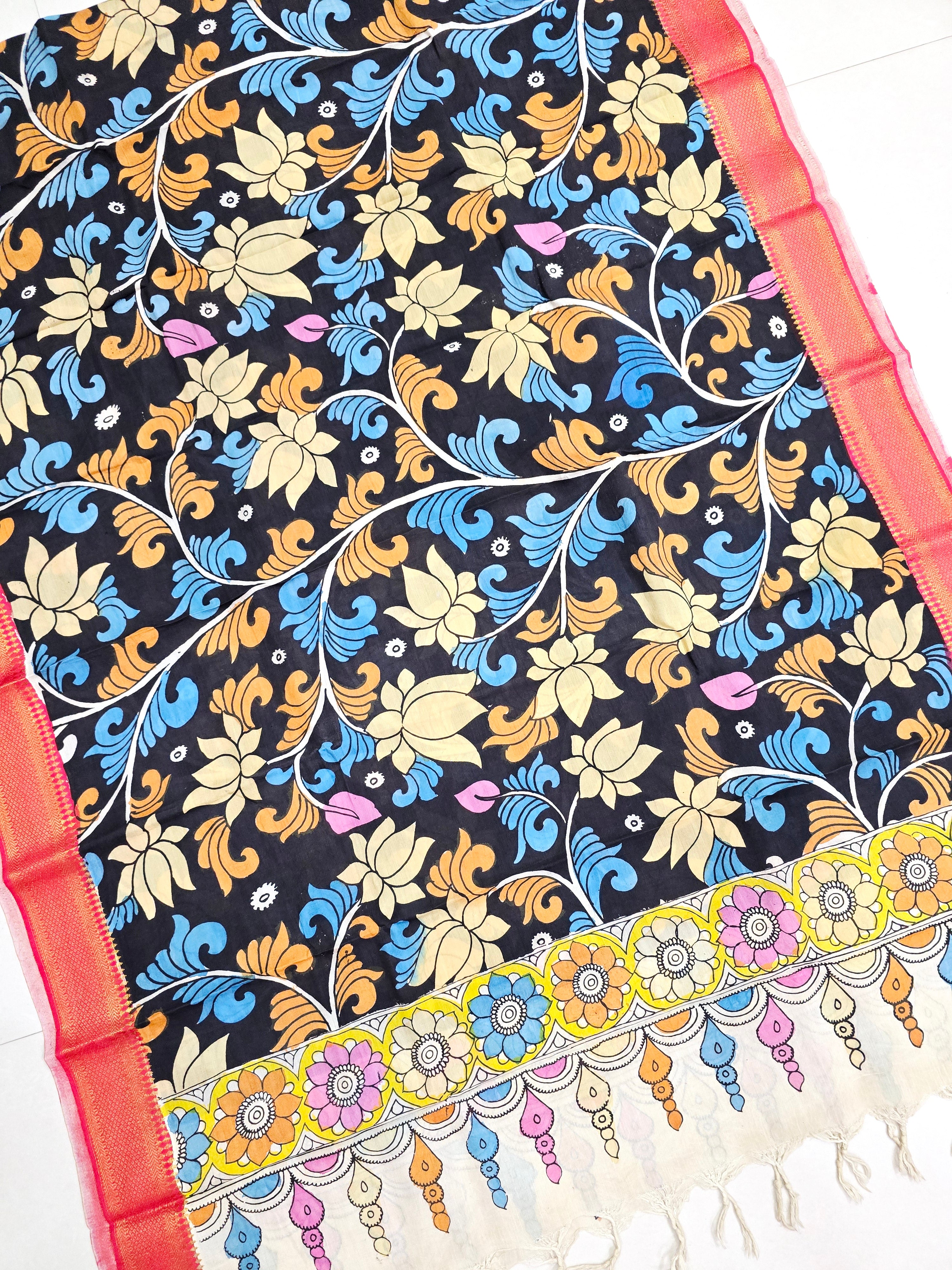 BLACK - SRIKALAHASTI HANDPAINTED KALAMKARI PURE CHENNURI SILK DUPATTA 16