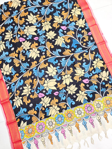 BLACK - SRIKALAHASTI HANDPAINTED KALAMKARI PURE CHENNURI SILK DUPATTA 16
